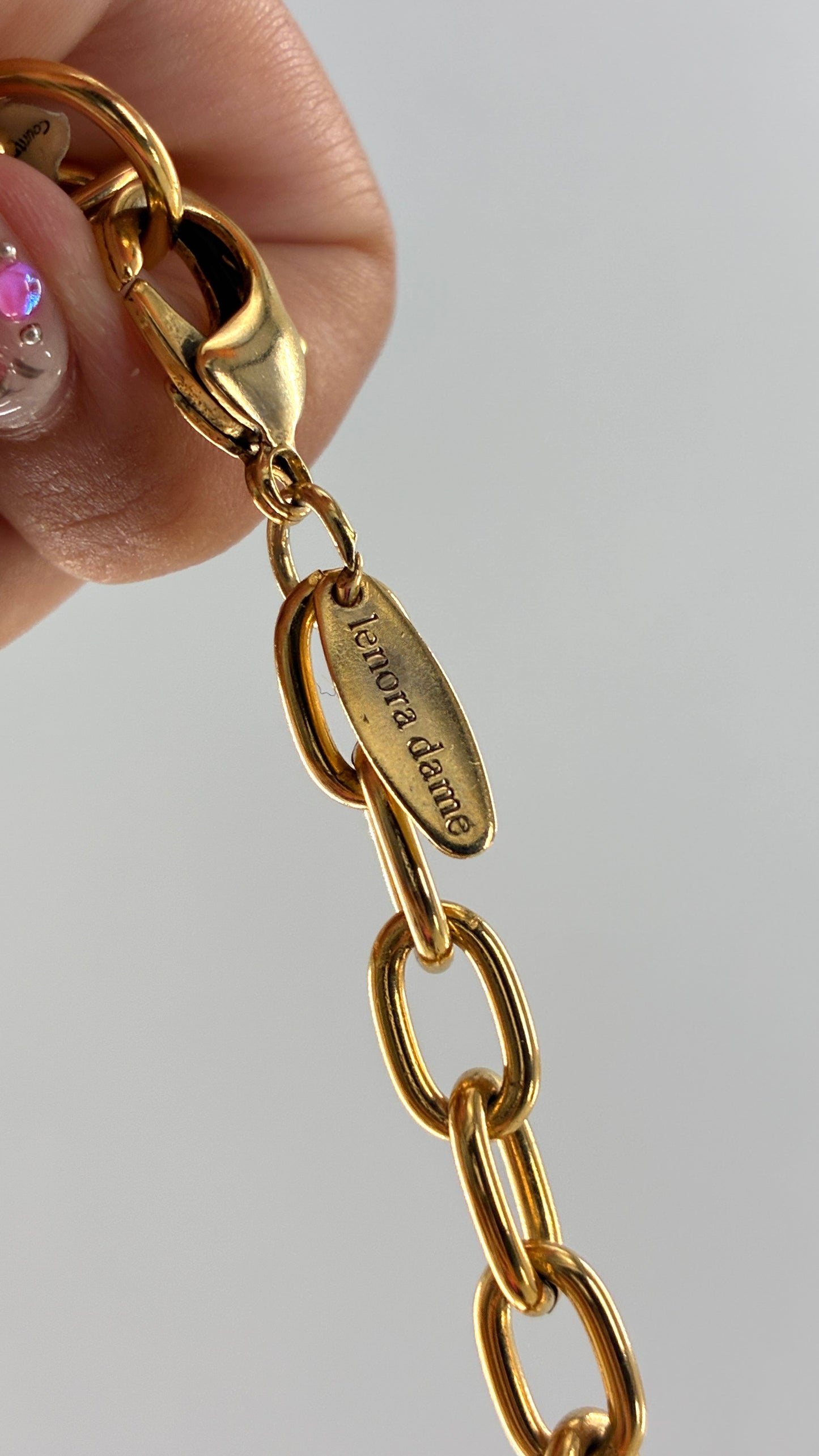 Vintage LENORA DAME Pearlescent Dinosaur Charm, Gold Chain Choker
