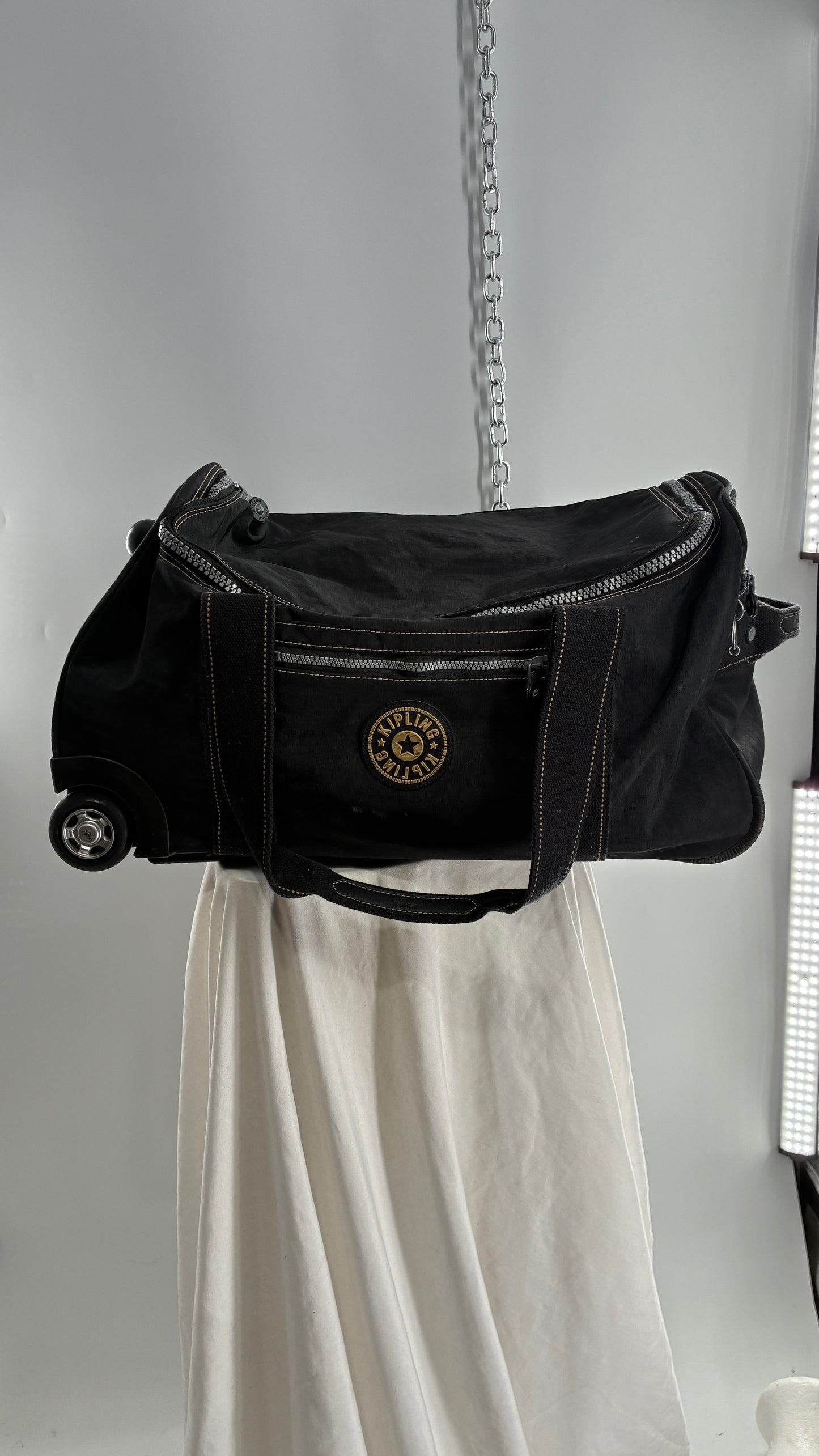 Vintage KIPLING Black Rolling Luggage Duffle Bag Suitcase with Extendable Handle