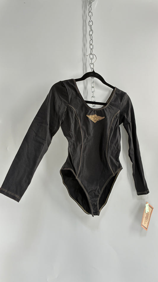 Vintage Deadstock Black Harley Davidson Long Sleeve Bodysuit with Contrast Tan Stitching (Small)