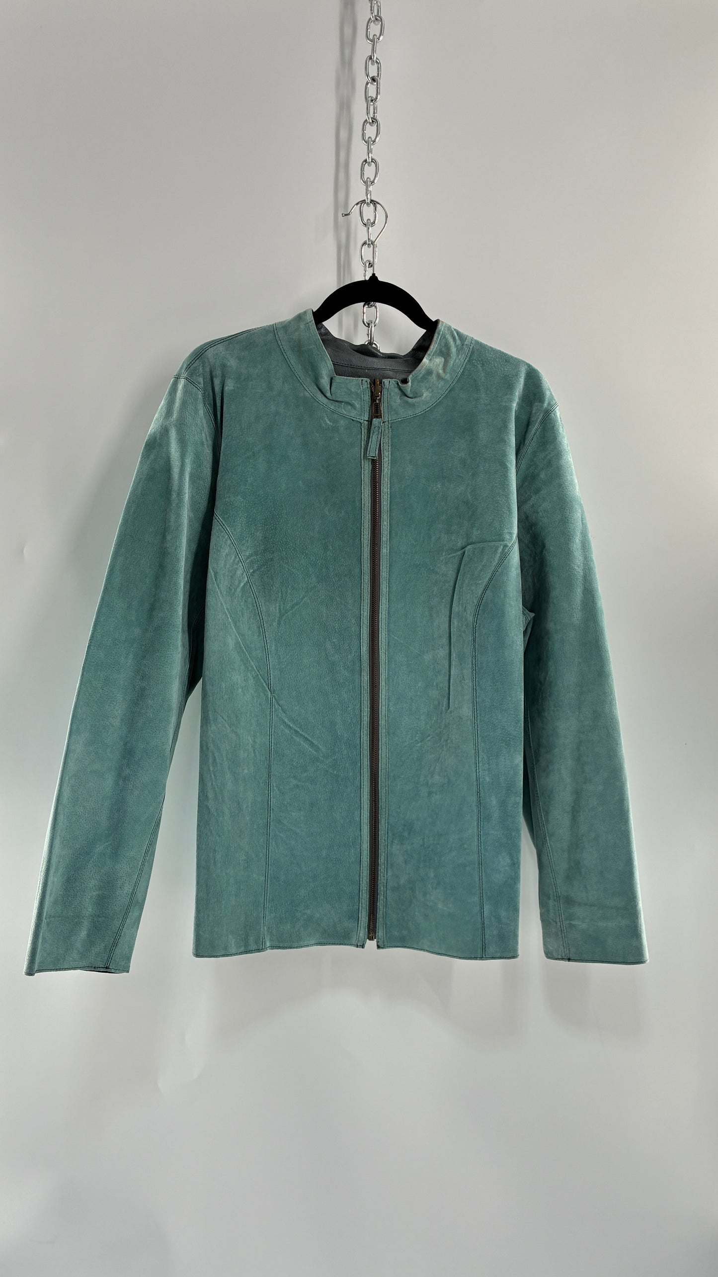 Vintage 1990s Metallic Blue Genuine Leather and Suede Reversible Thin, Zip Up Moto Jacket (XXL)