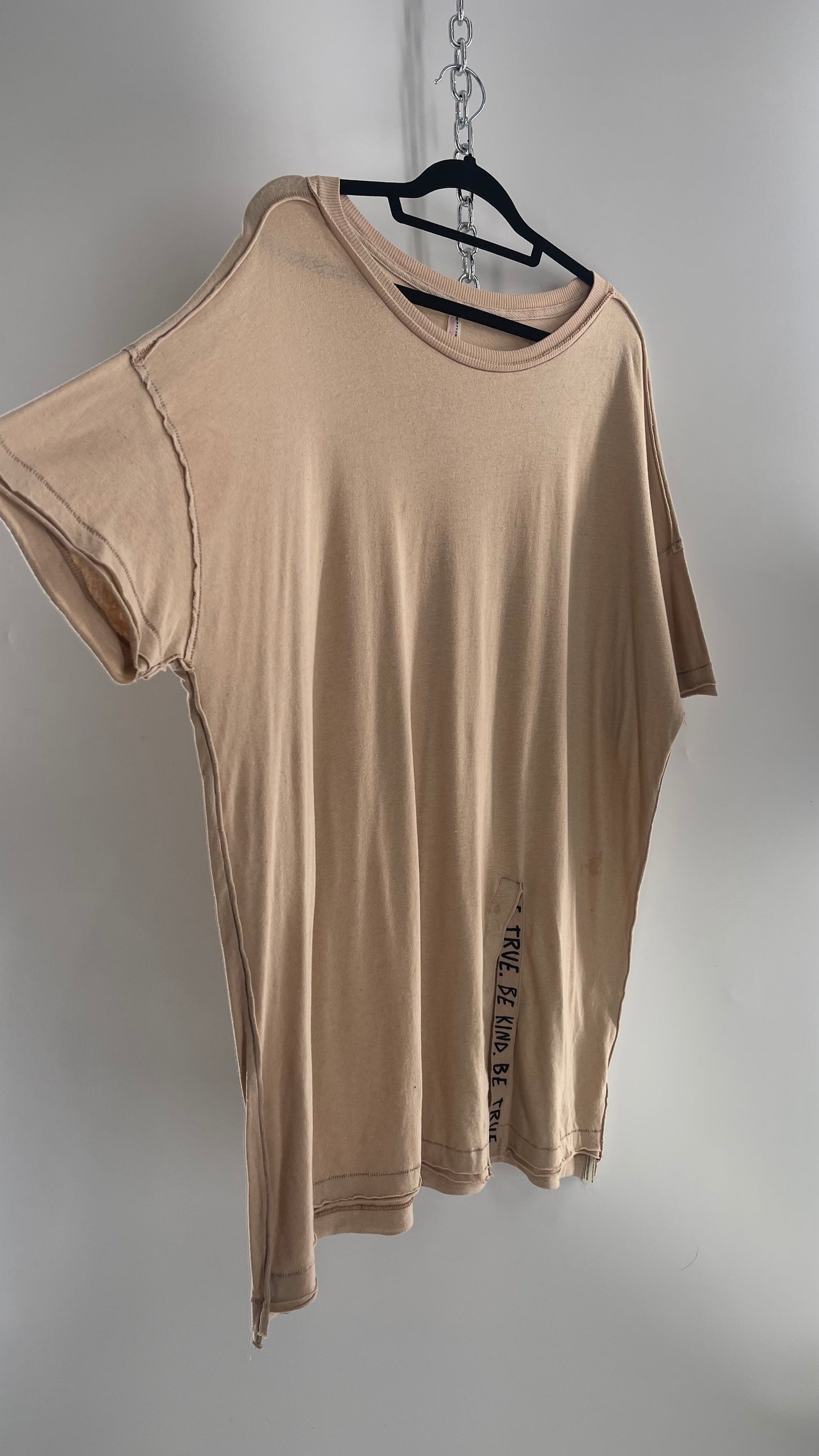 Free People Movement Oversized Light Beige Short  Sleeve T-Shirt with Slit Embroidered Detail (Size XS)