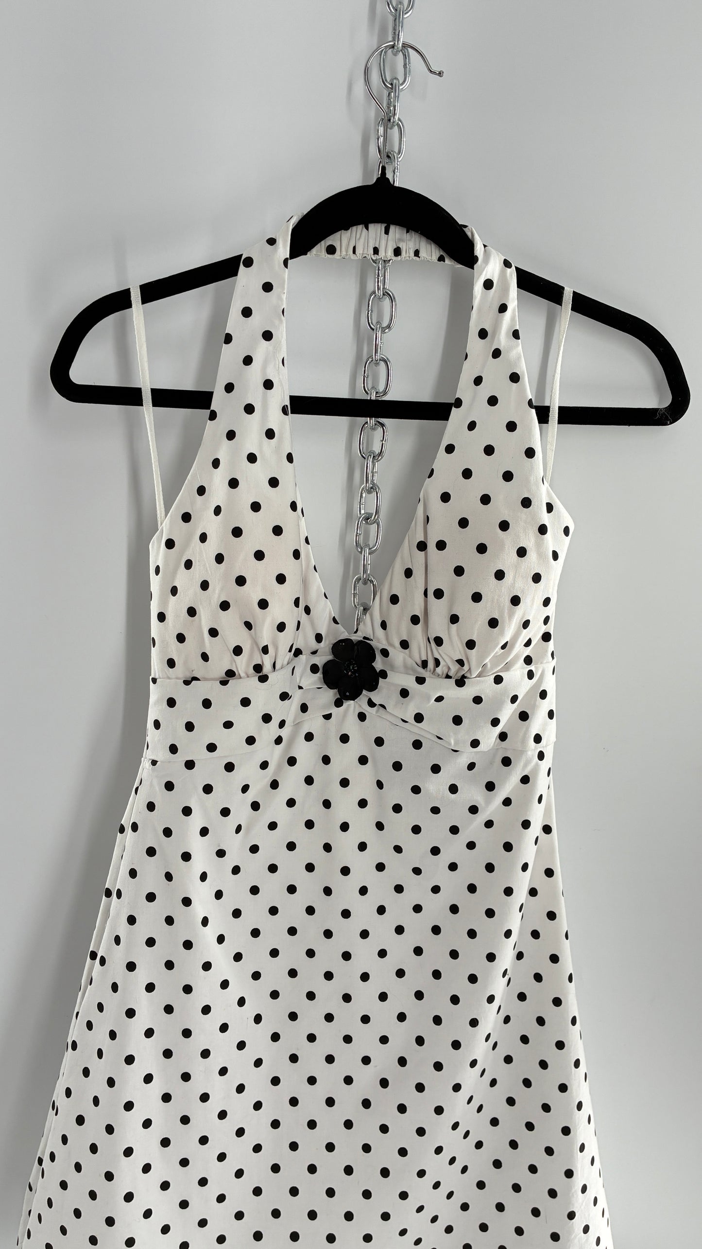 Deadstock Vintage Ruby Rox Retro Style White and Black Polka Dotted Mini Dress with Tulle Trim (7)