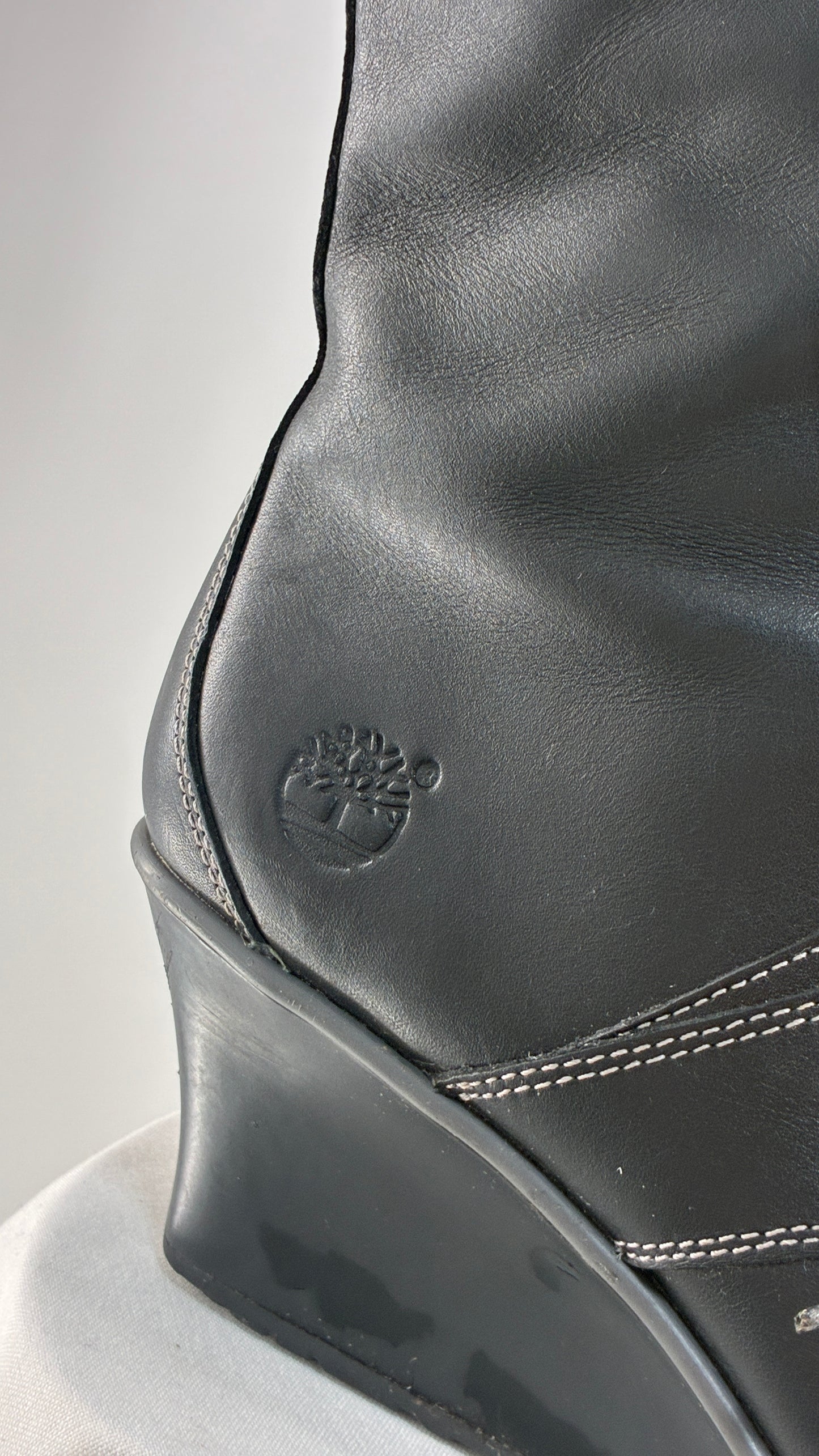 Vintage TIMBERLAND Black Genuine Leather Wedge Boots (10)