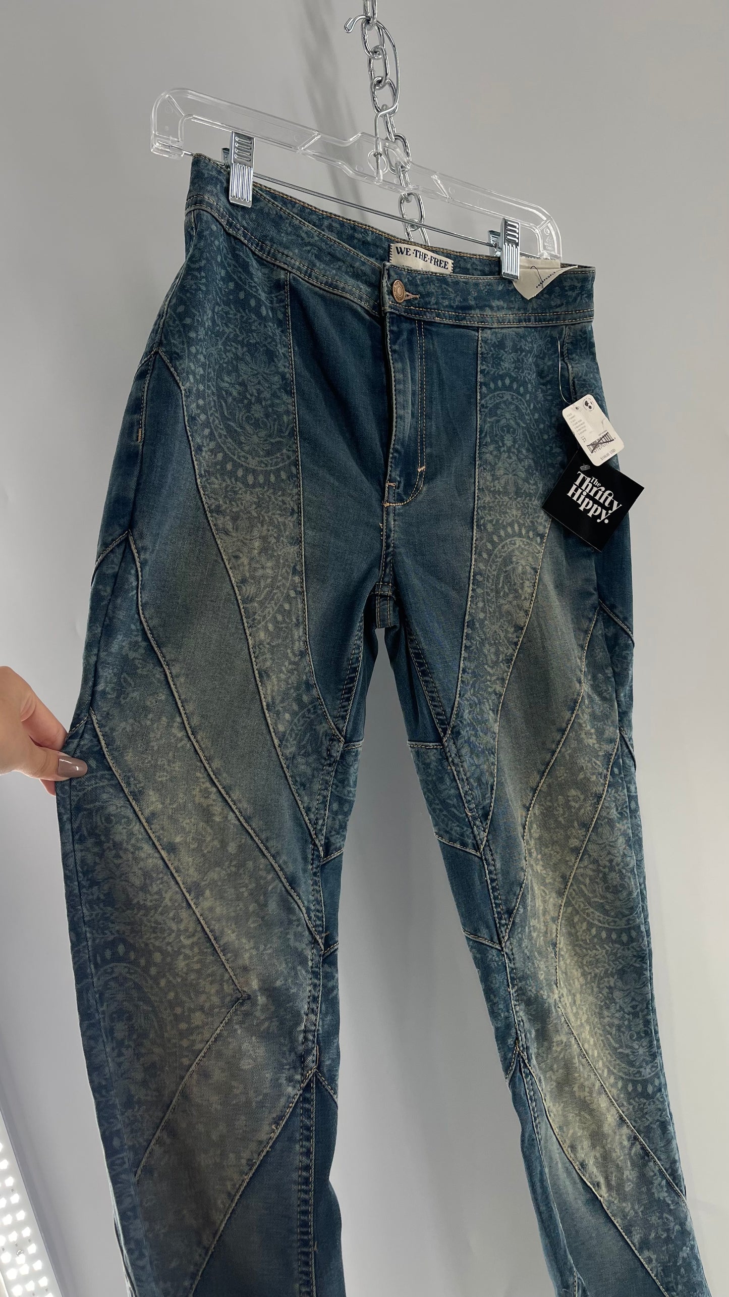 Free People Bell Bottom Kick Flare Paneled Patterned Jeans with Tags Attached (27)