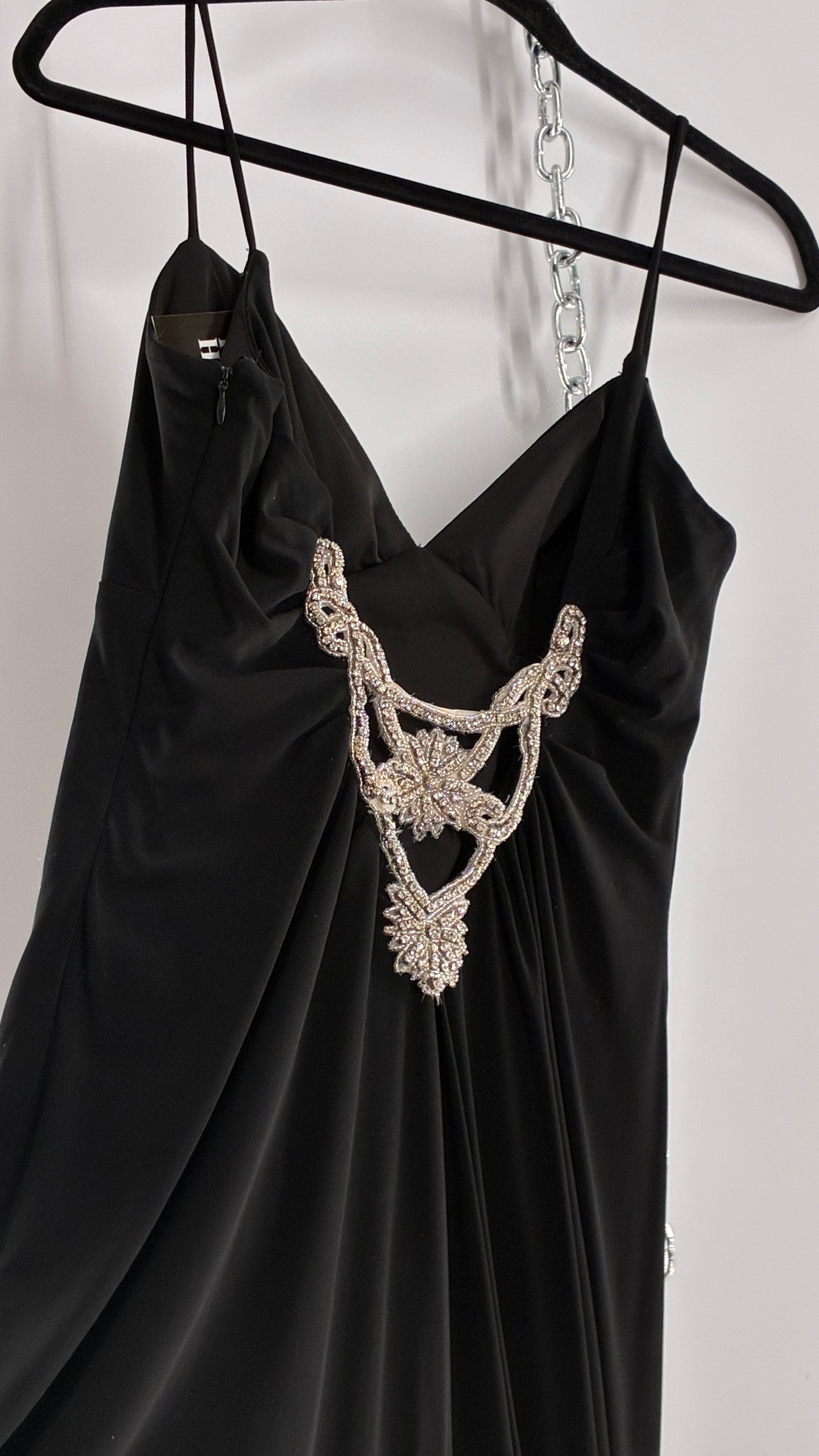Vintage JS COLLECTION Black Full Length Gown with Jeweled Appliqué and Pleated Back (12)