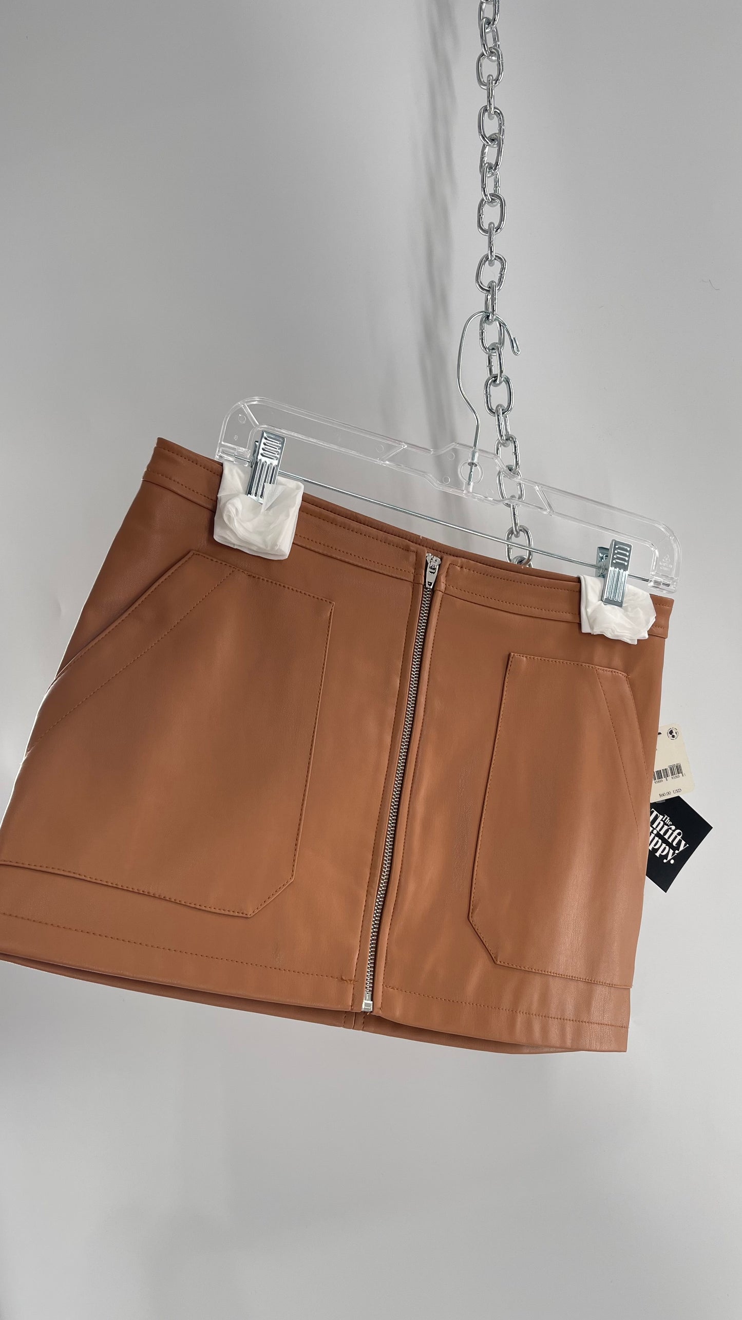 Free People Cognac Brown Vegan Leather Zip Front Skirt with Tags Attached (6)