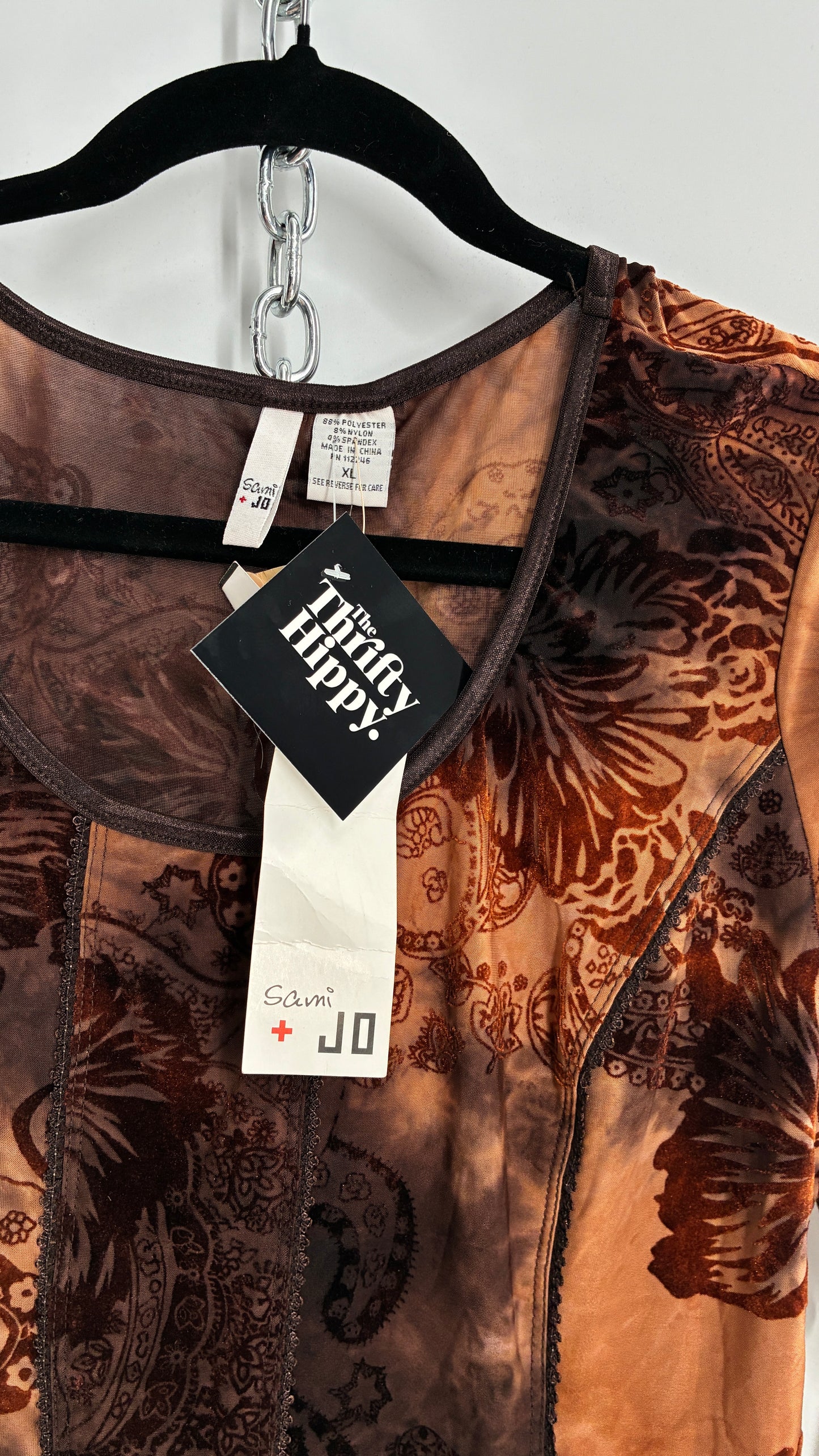 1990s Vintage SAMI + JO Velvet Burnout Brown and Orange Top (XL)