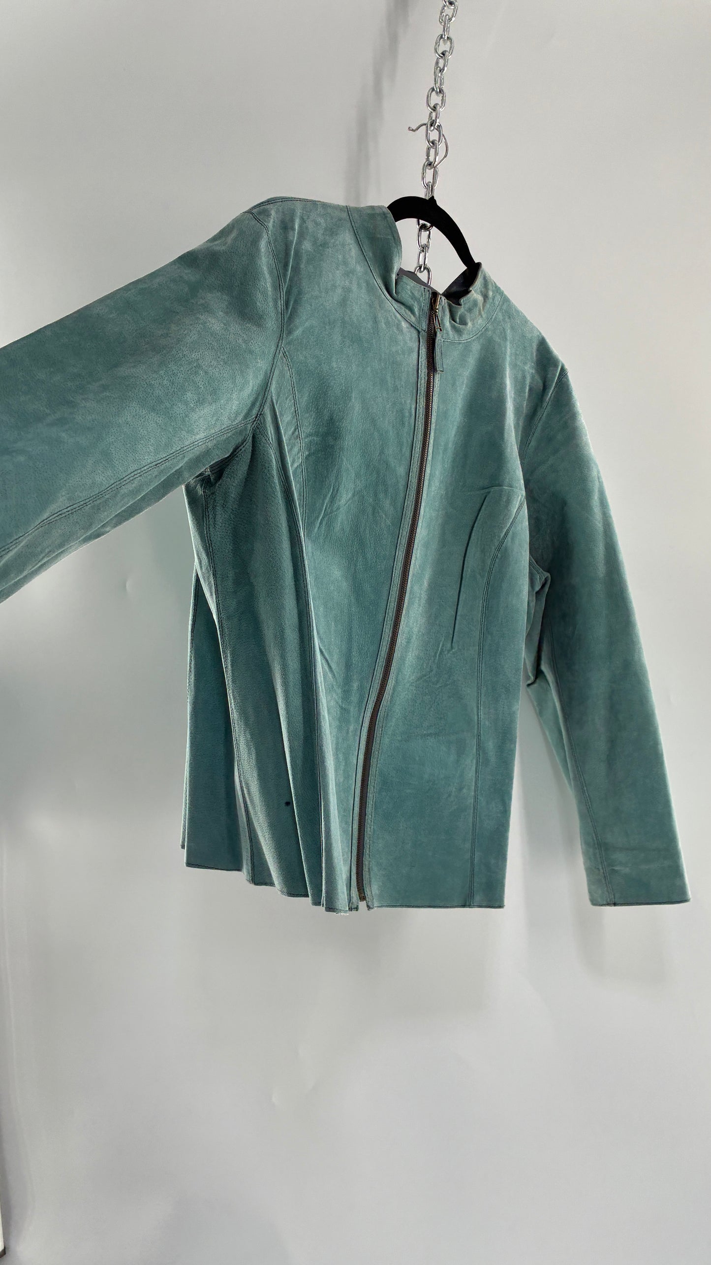 Vintage 1990s Metallic Blue Genuine Leather and Suede Reversible Thin, Zip Up Moto Jacket (XXL)
