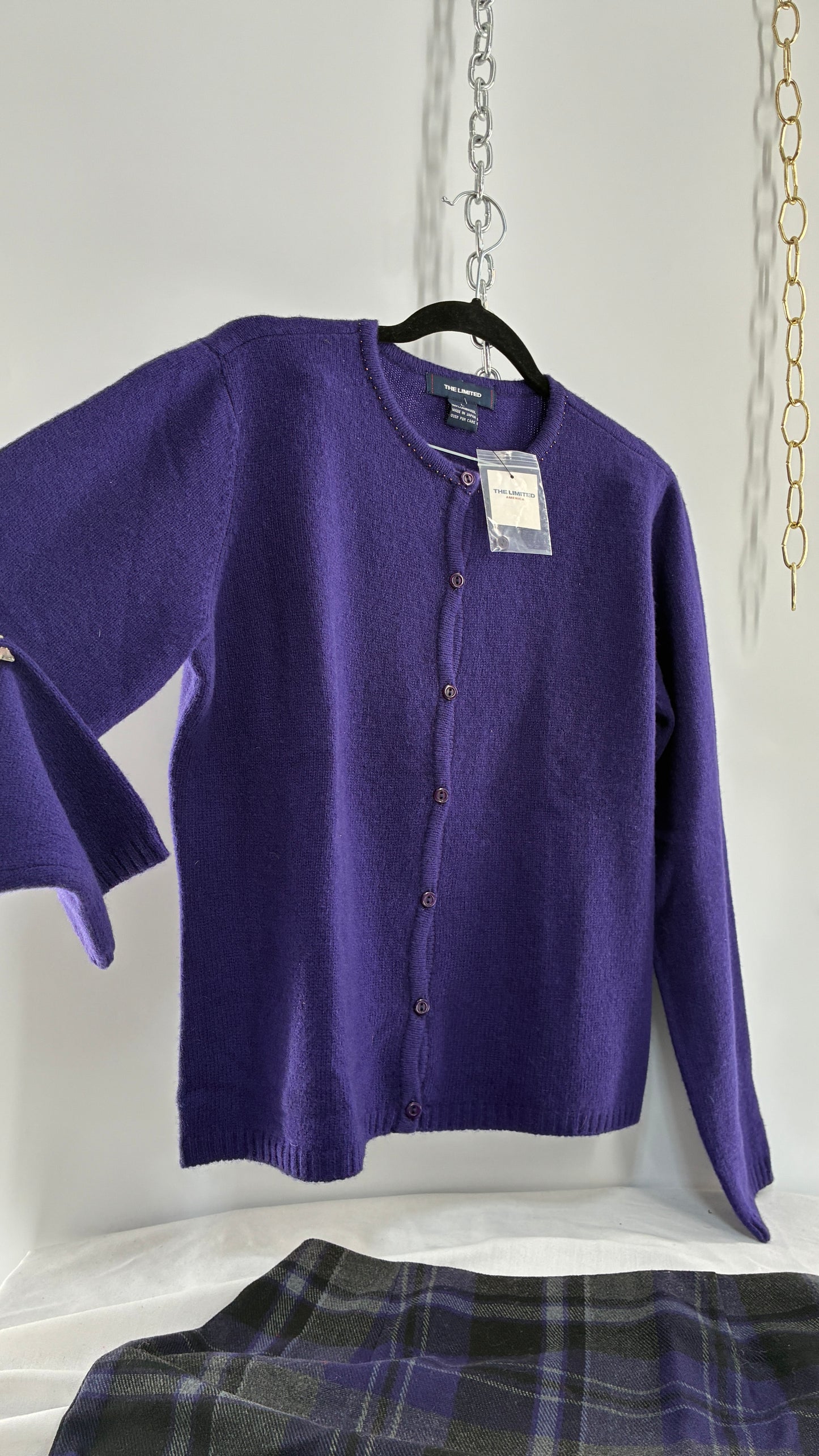 Deadstock Vintage THE LIMITED Japanese 100% Lambswool Purple Cardigan and Plaid Mini Skirt Set (L,10)