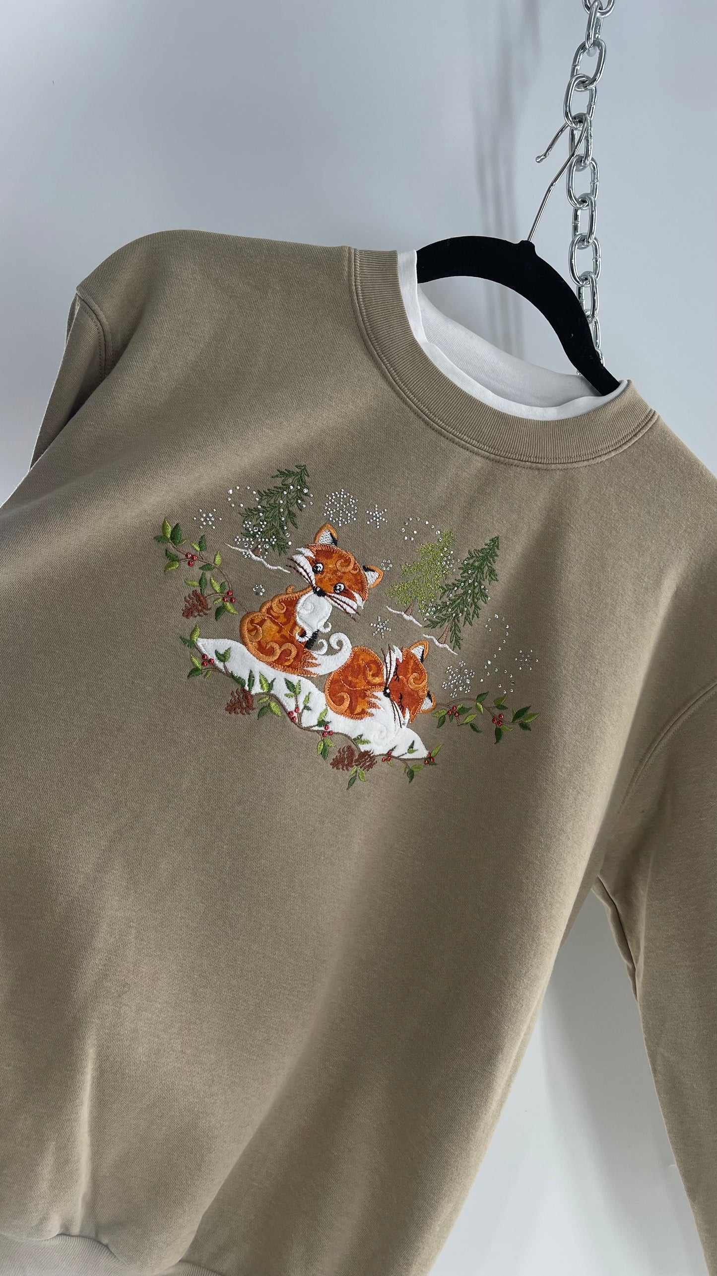 Vintage Fox Embroidered Boxy Sweater with Built In Turtle Neck (Medium)