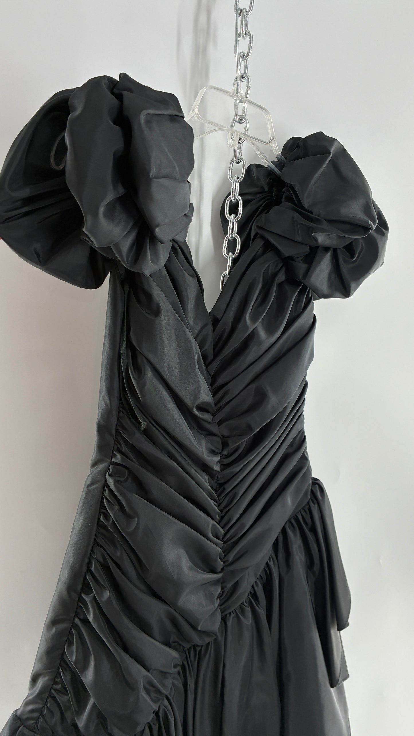 Vintage 1980s Black Gown with Ruched Bodice, Exaggerated Puff Sleeves, and Tiered Skirt (Measured)