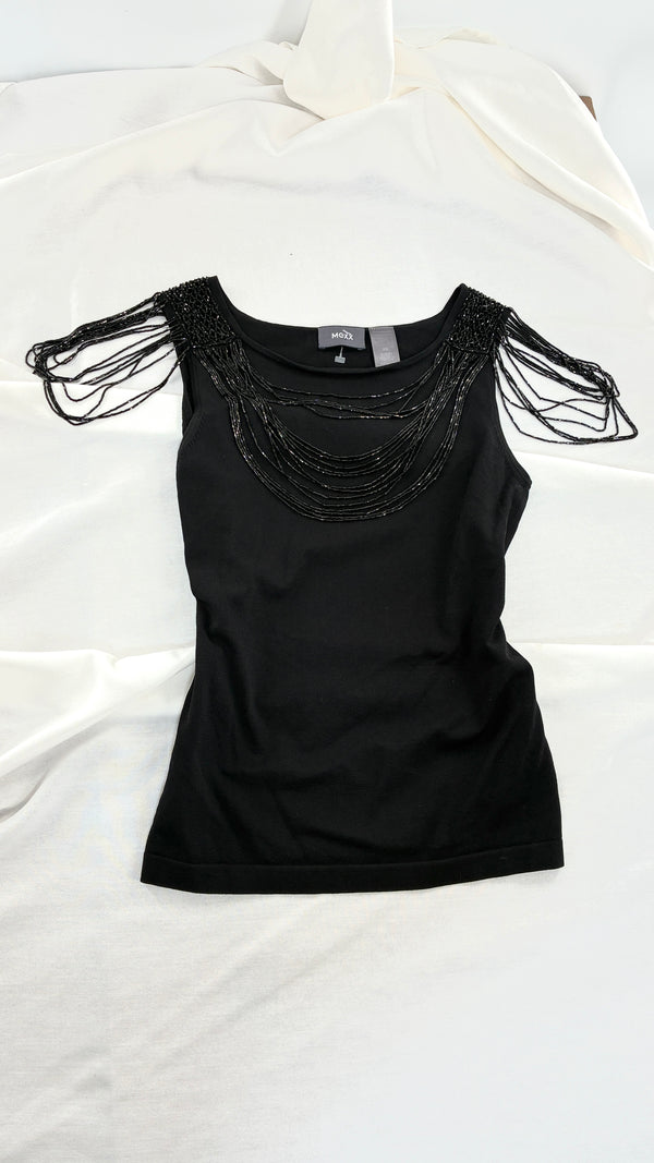 Vintage 1990s MEXX Black Thick Knit with Beaded Neck Detail and Draped Shoulders (XS)