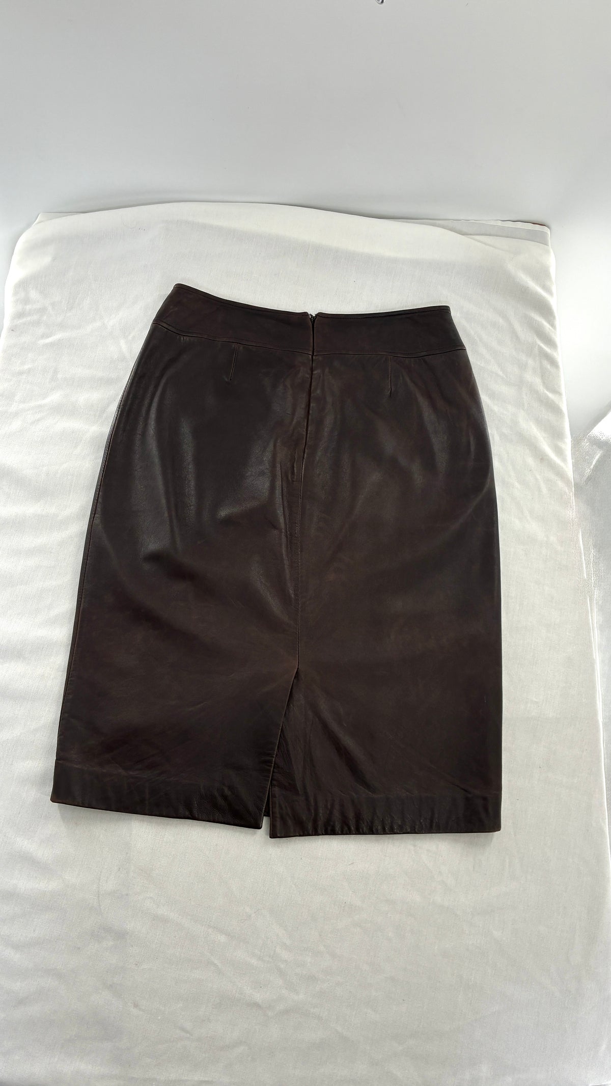 Vintage BROOKS BROTHERS Brown Distressed Genuine Leather Skirt (6)