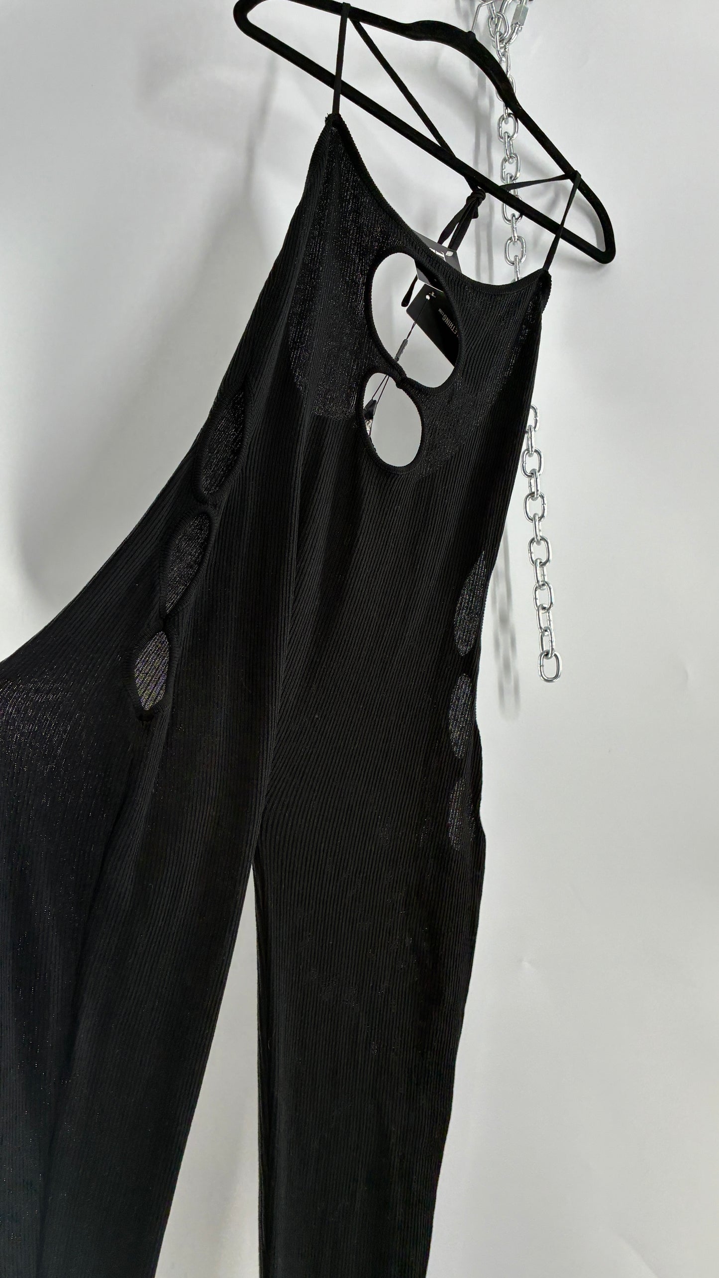 Pretty Little Thing Black Sheer Knit Cut Out Halter Neck Jumpsuit with Tags (Large)