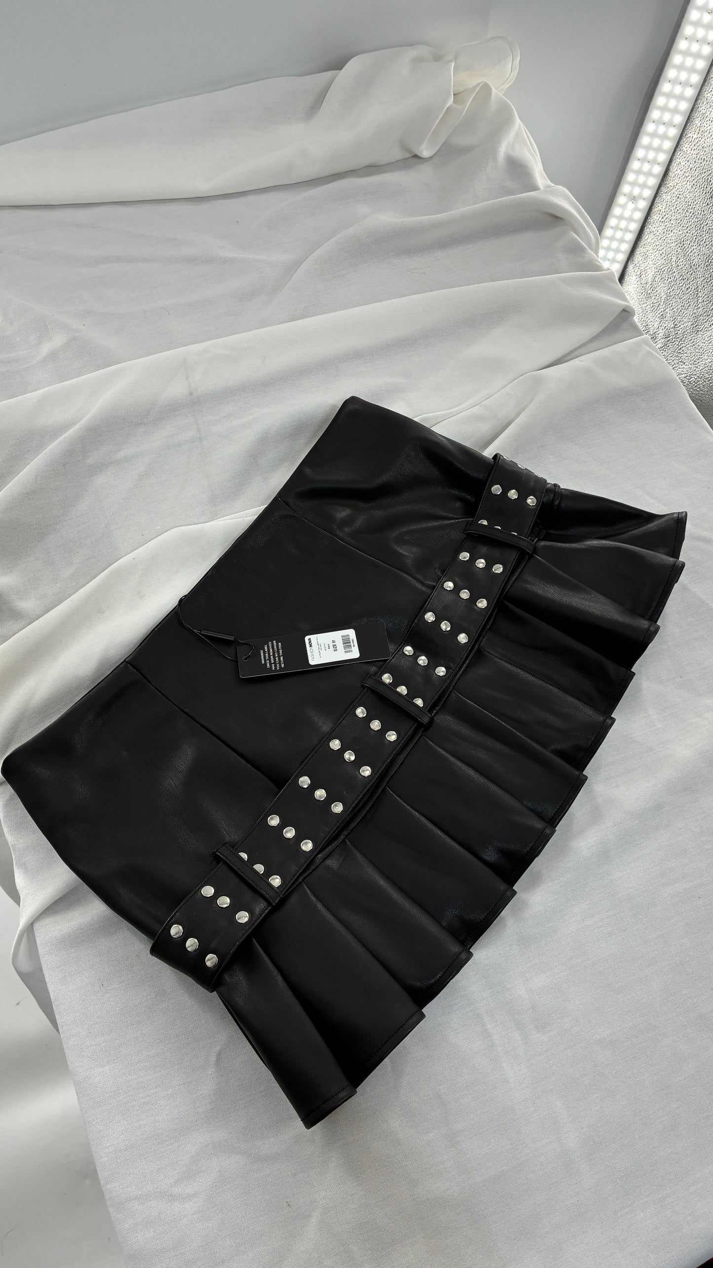 FASHION NOVA Vegan Leather Black Pleated Mini Skirt with Studded Belt and Tags Attached (Medium)