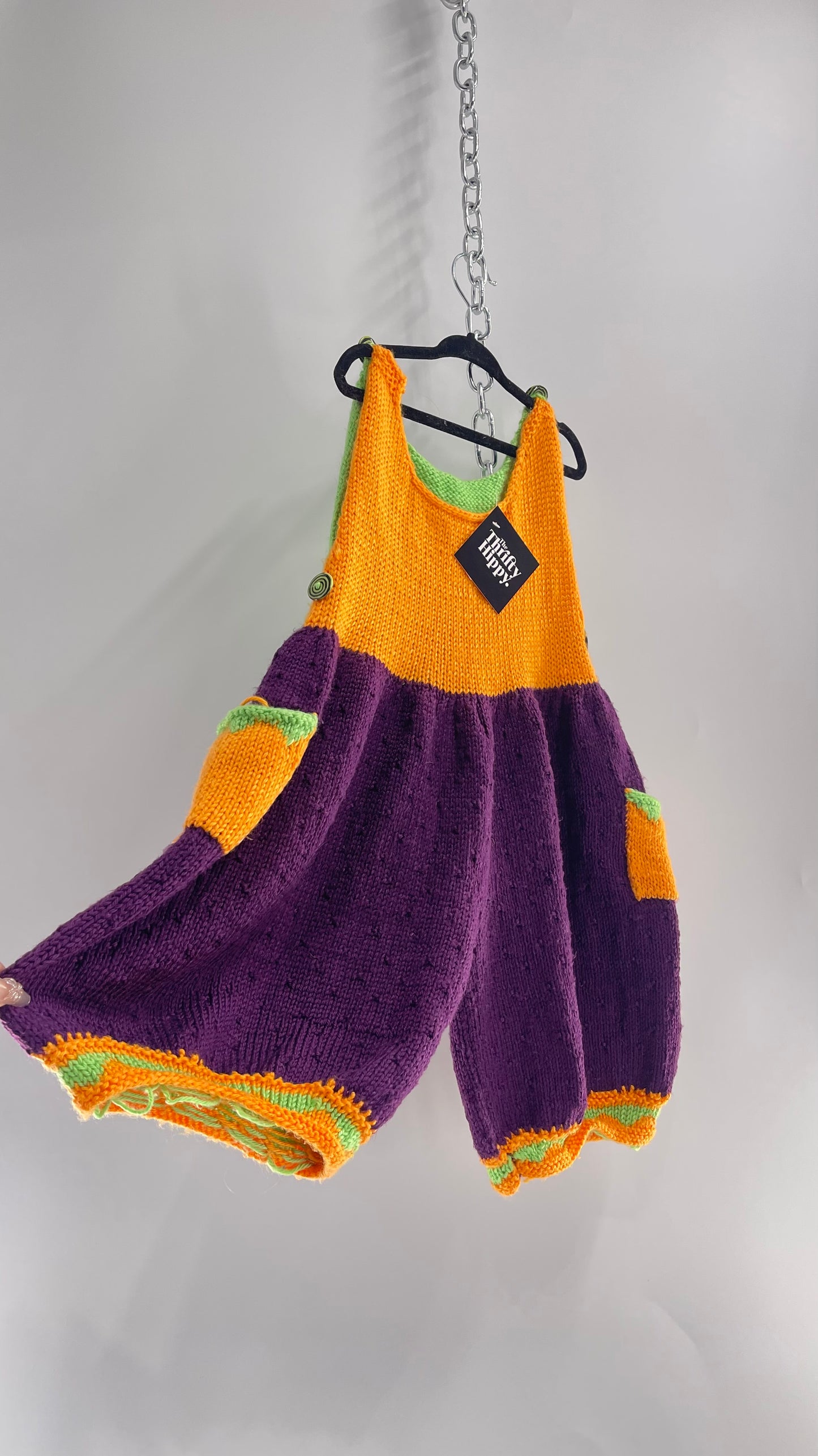 Vintage HandKnit Handmade Halloween Purple, Orange, Green Baby Overalls