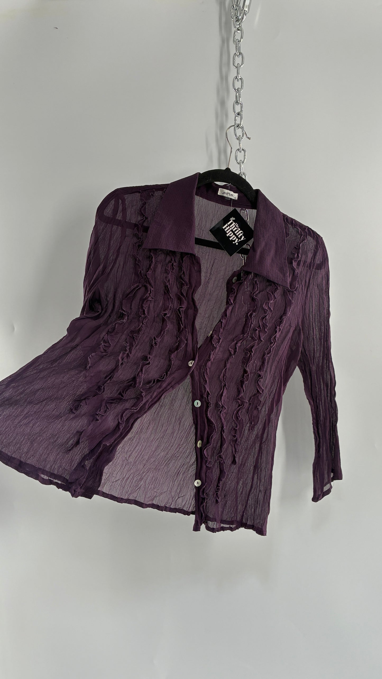 Vintage 1990s JAIPUR Purple Crimped Button Blouse with Ruffled Details (Small)