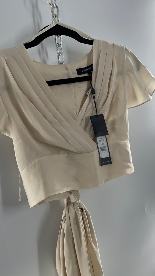 BCBGMAXAZRIA Off White Ivory Satin Tie Around Waist Cropped Blouse with Button Back and Tags Attached (XXS)
