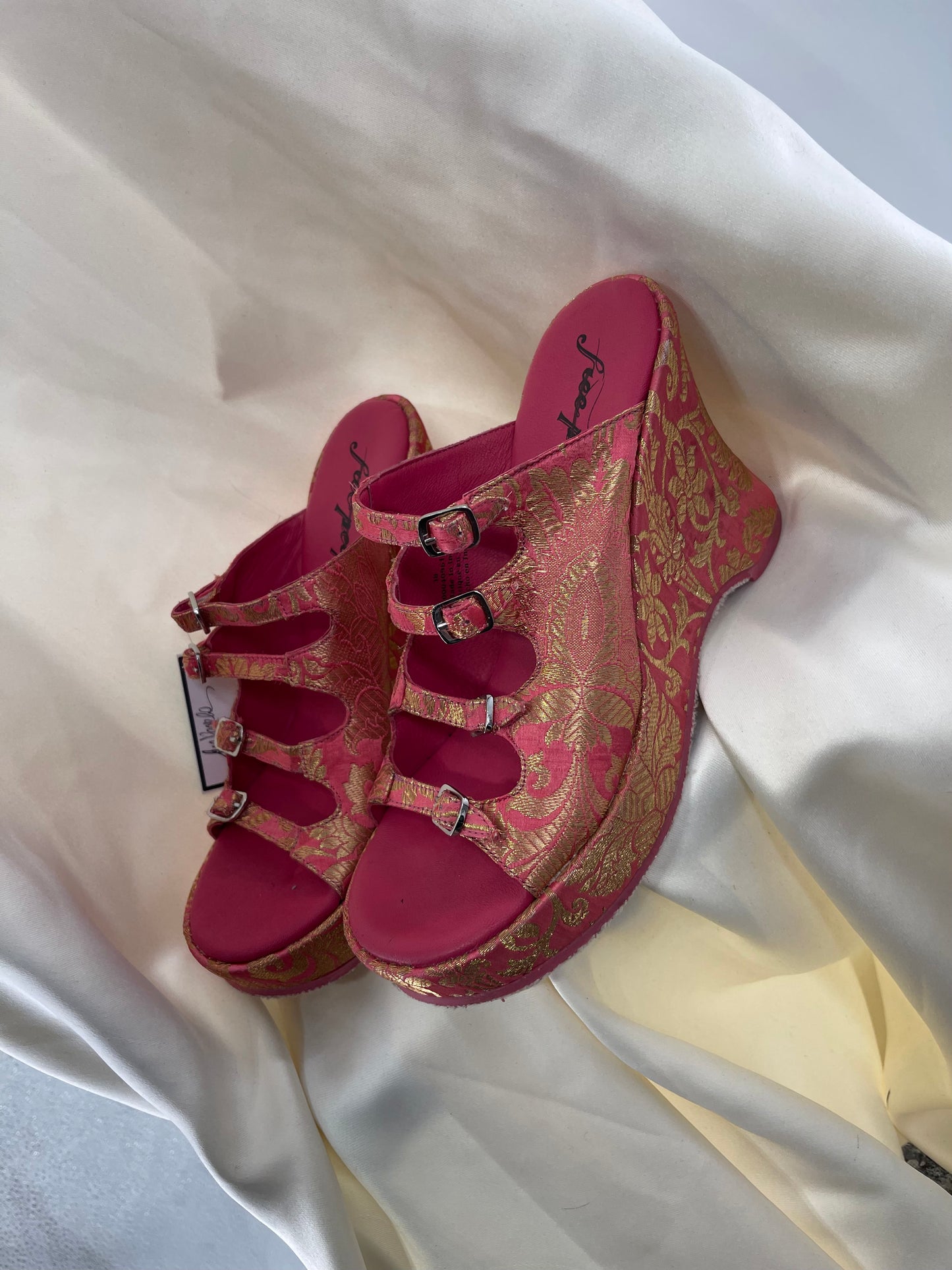 Free People Hot Pink Hoffman Buckle Front Wedge Heels with Satin Gold Paisley/Brocade Pattern (37)