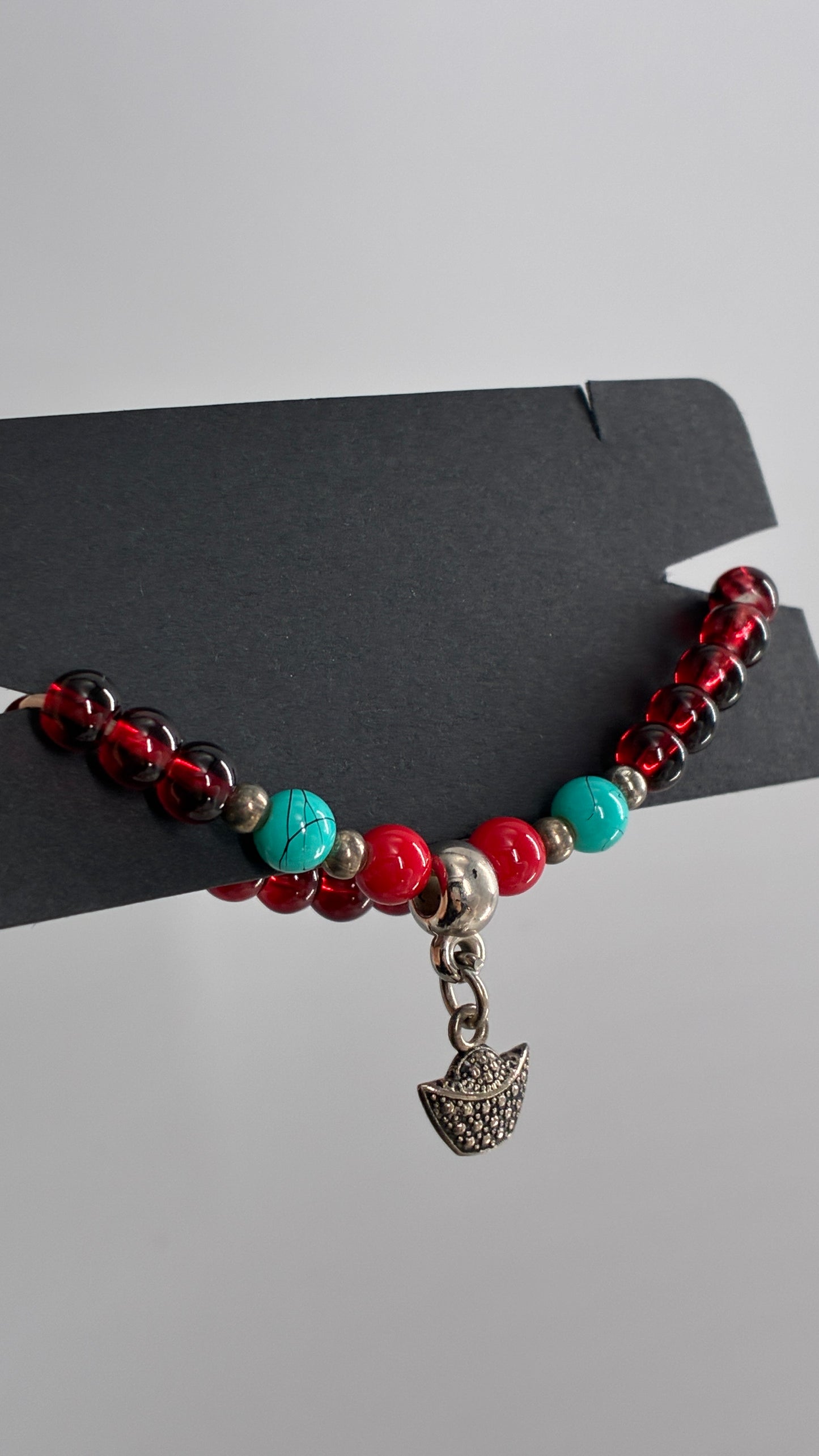 Vintage Red Turquoise Beaded Basket Charm Bracelet