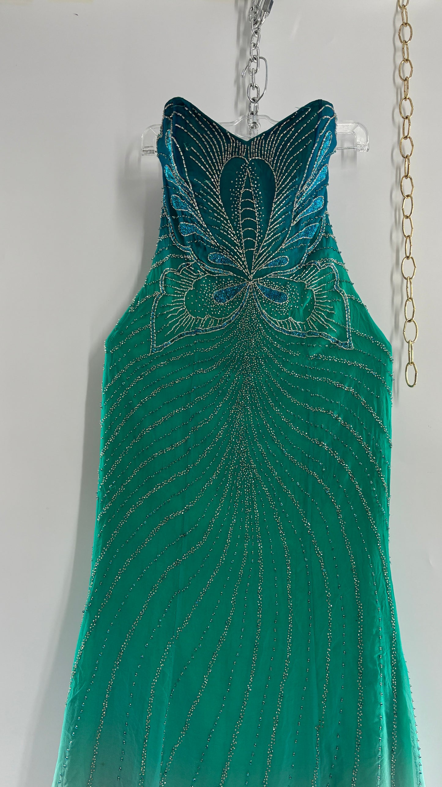 Vintage 1990s STUDIO17 100% Fully Beaded Silk Aquamarine Butterfly Dress (8)