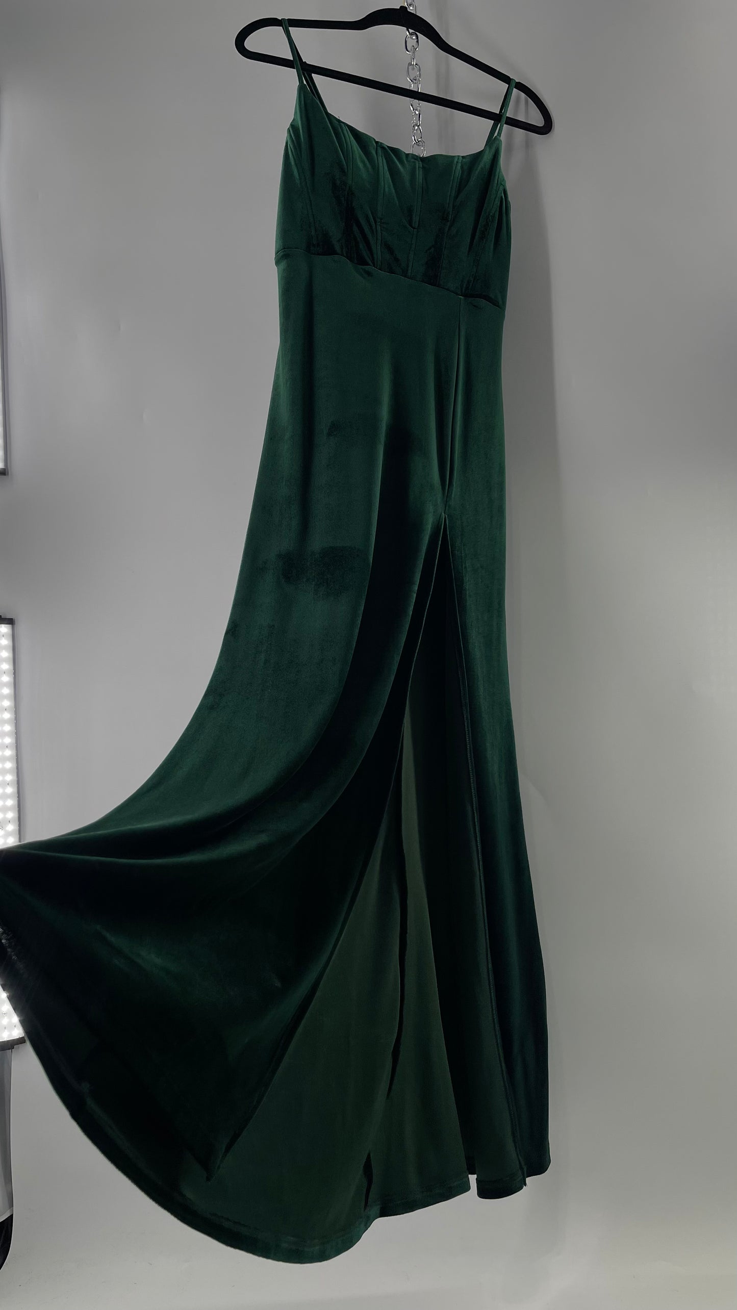 Windsor Forest Green Velvet Maxi Dress with Corseted Bust and Side Slit (11/12)