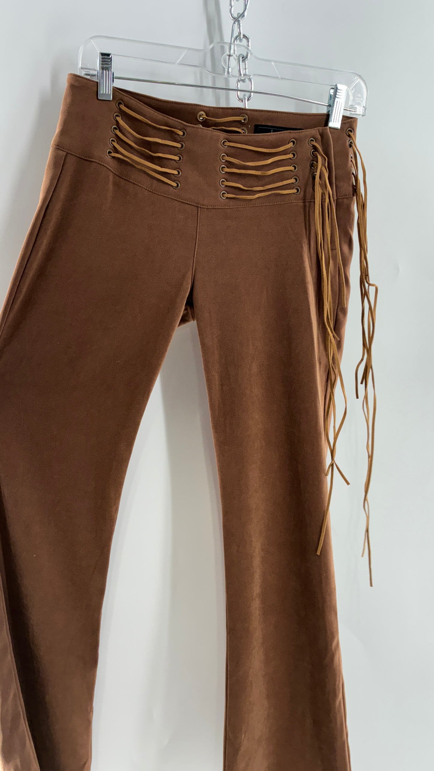 Vintage Rare L.E.I Low Rise Faux Suede Kick Flares with Wide, Thread Through Tassels Hip Band (5)
