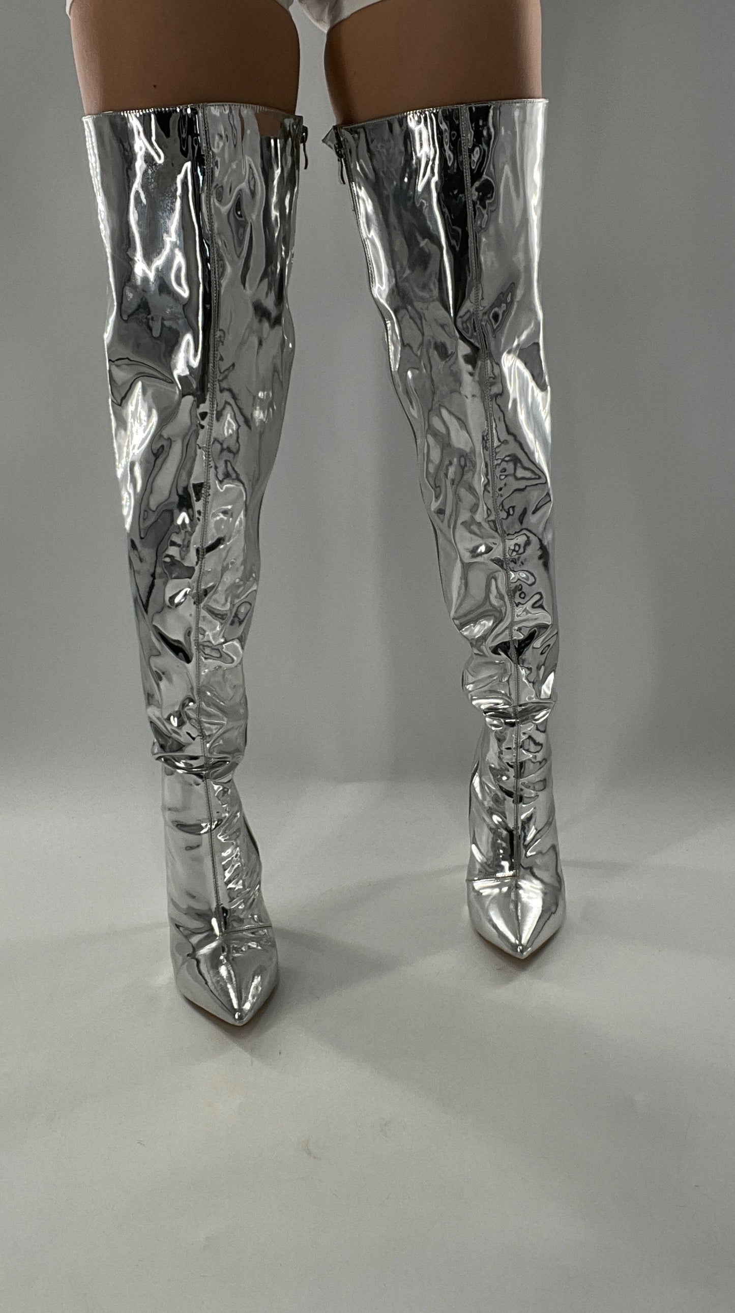 Vintage Chrome Platinum Mirrored Thigh High Molten Metal Sky High Boots Space Cadet/Concert (7)