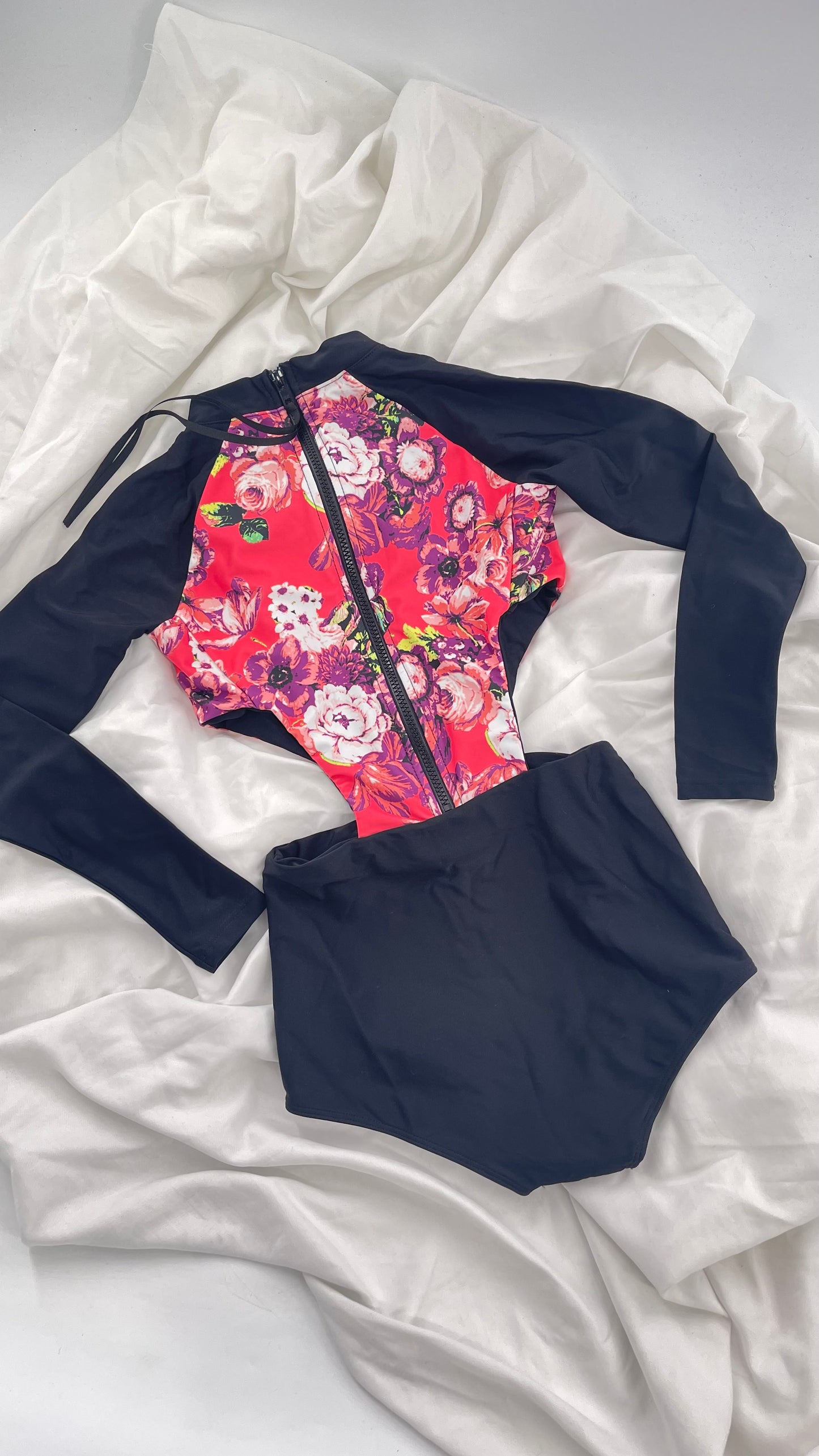 BEACH RIOT x Free People Black Long Sleeve Swimsuit with Hot Pink Floral Torso and Cut Outs (XS)