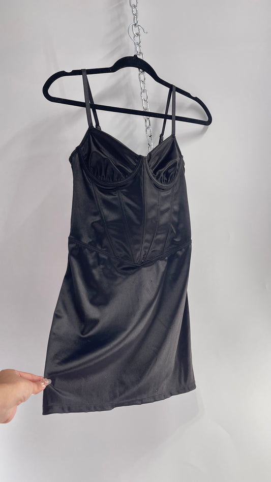 Black Corseted Silky Mini Dress (Small)