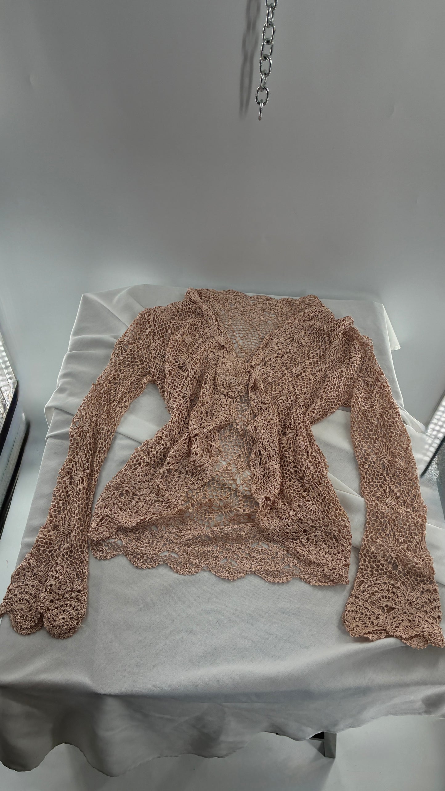 Vintage Tan Crochet Bell Sleeve Cardigan with Oversized Rosette Bust Closure (Medium)