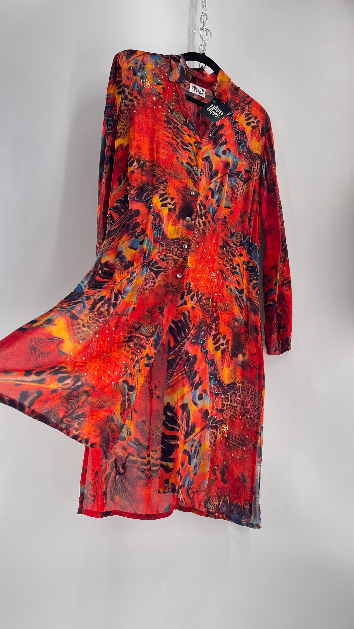 Vintage CHICOs Burnt Orange Sheer Duster Coat with Mixed Animal Print and Embroidery/Beading (XL)