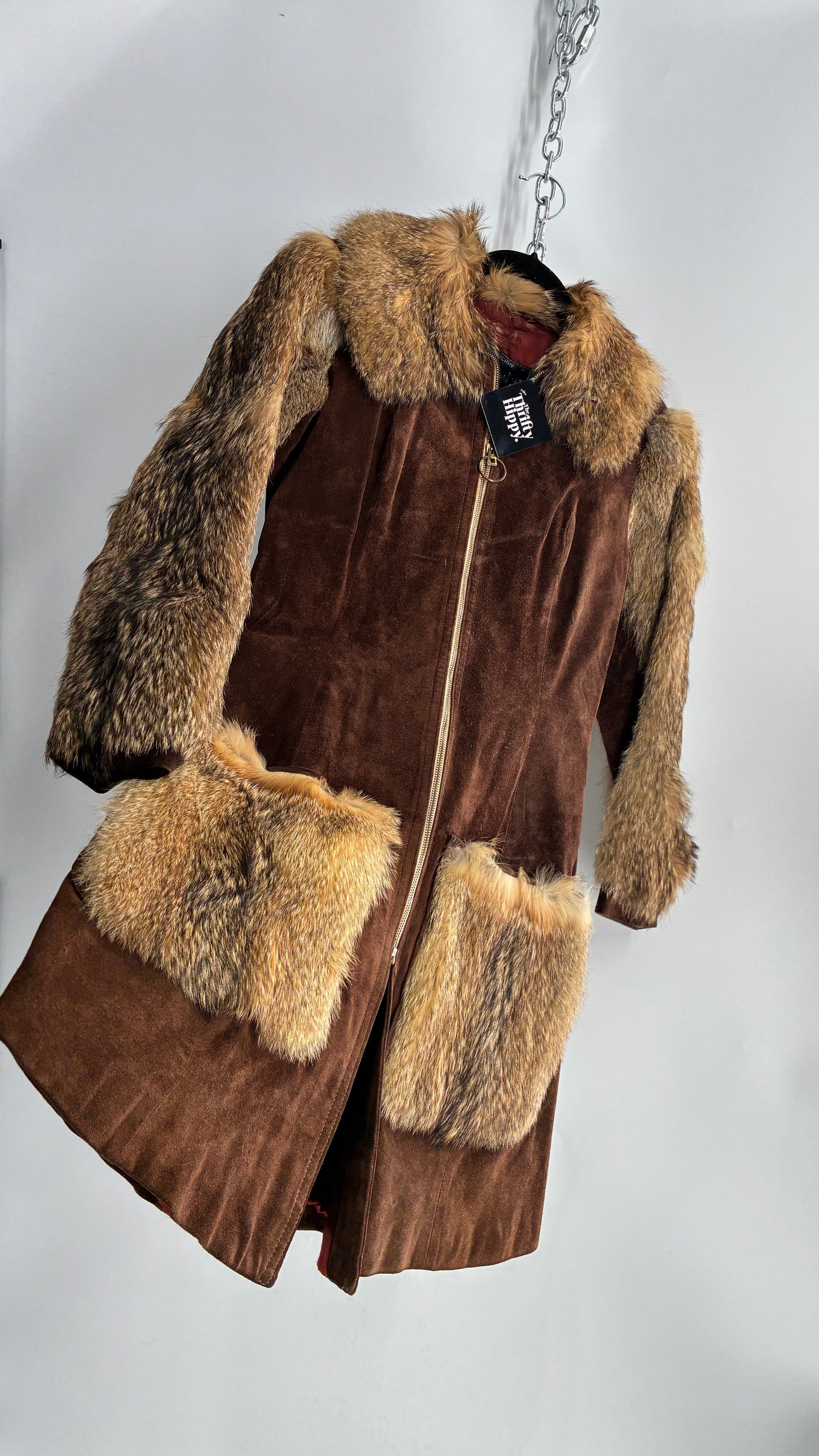 Vintage Cederland 1970s Genuine Suede Leather Coat with Fur Pockets, Sleeves, and Collar (44)