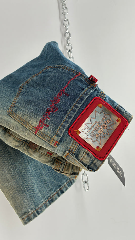 Rare Vintage DONA FLORINDA RIOT GIRLS Faded Wash Denim with Heavy Metal Jacron and Embroidery (38)