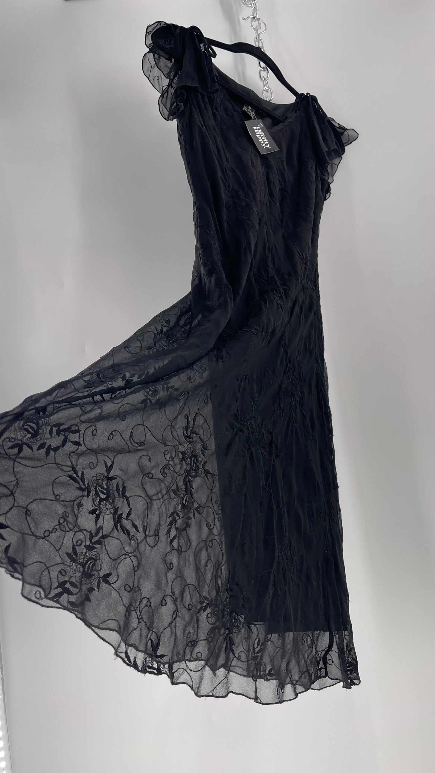 Vintage Jonathan Martin 100% Silk Black Embroidered MIDI Dress with Tie Shoulder Detail (10)