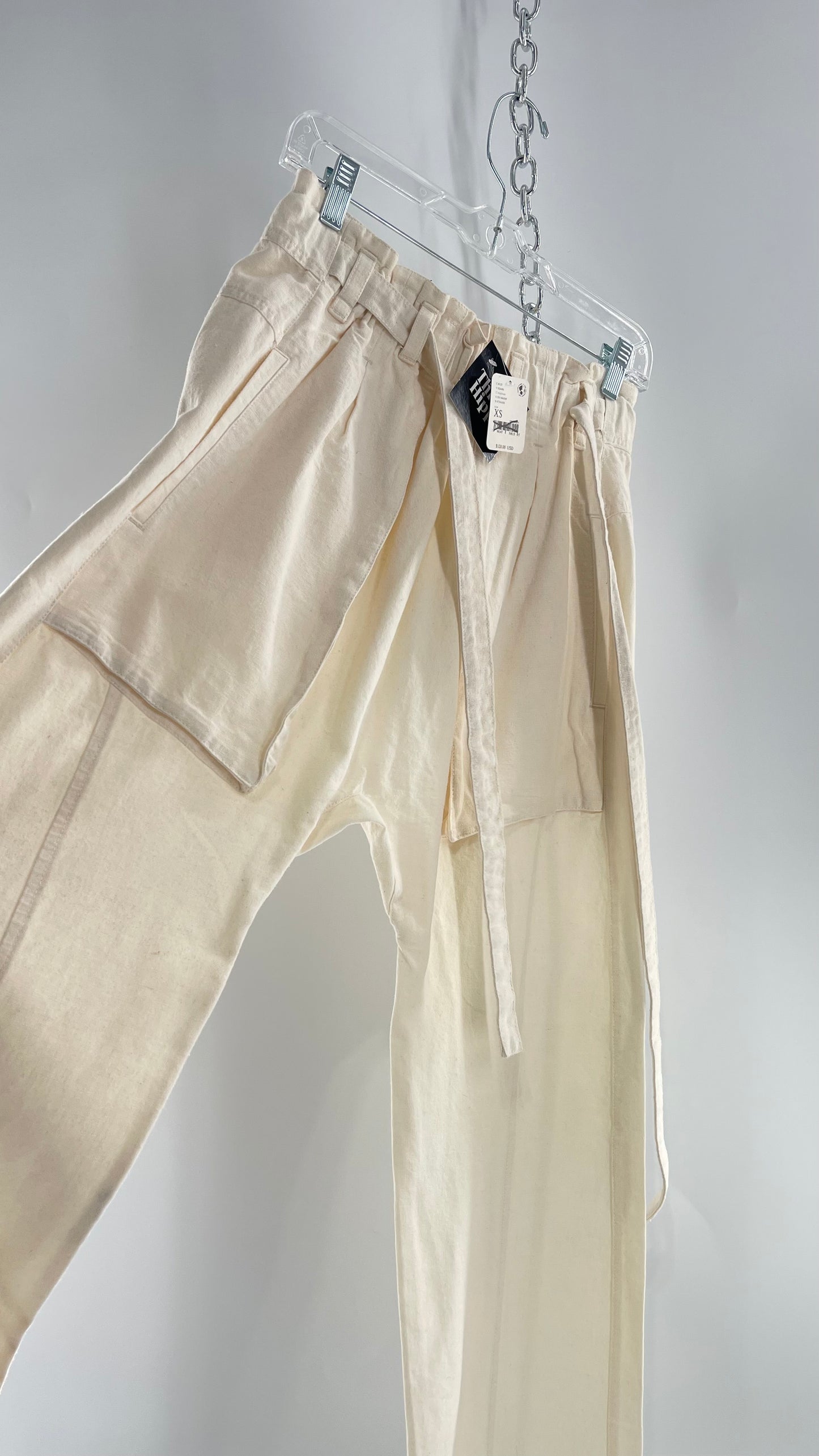 Free People Cream Color Canvas Belted Pants with Oversized Pockets and Tags Attached (XS)