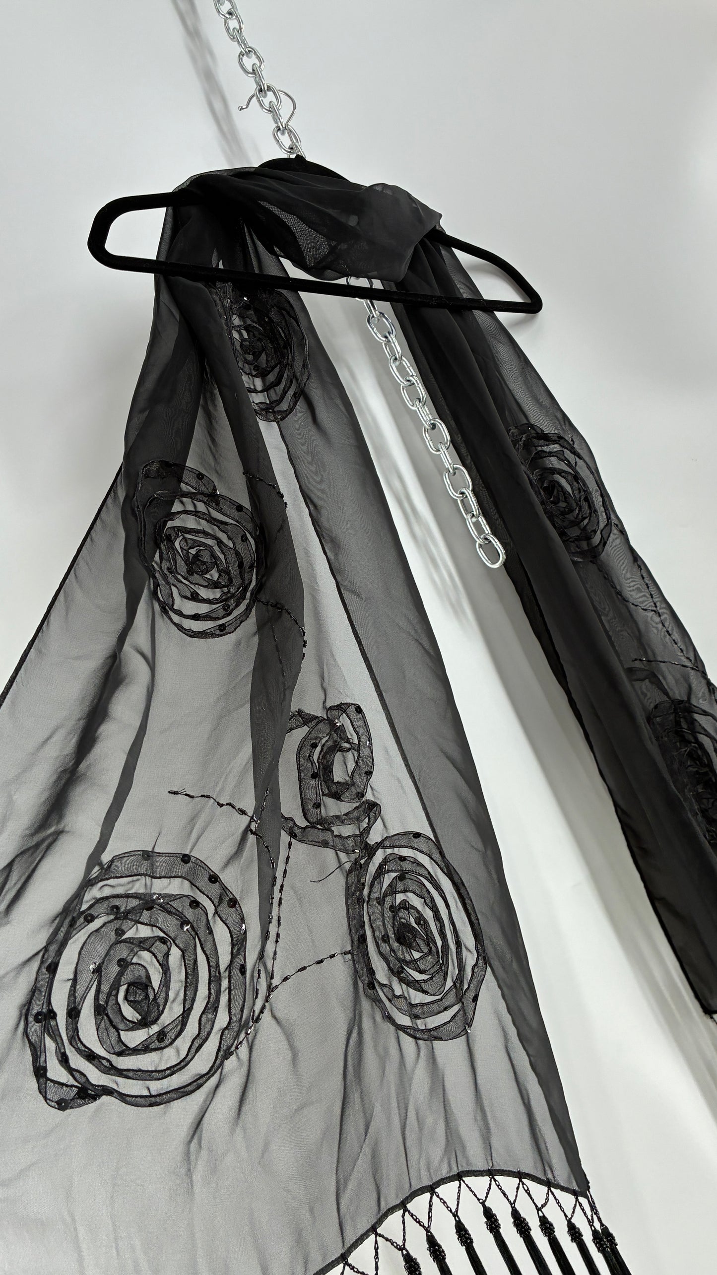 Vintage Black Beaded Scarf with Tassel Fringe and Embroidered Rosettes
