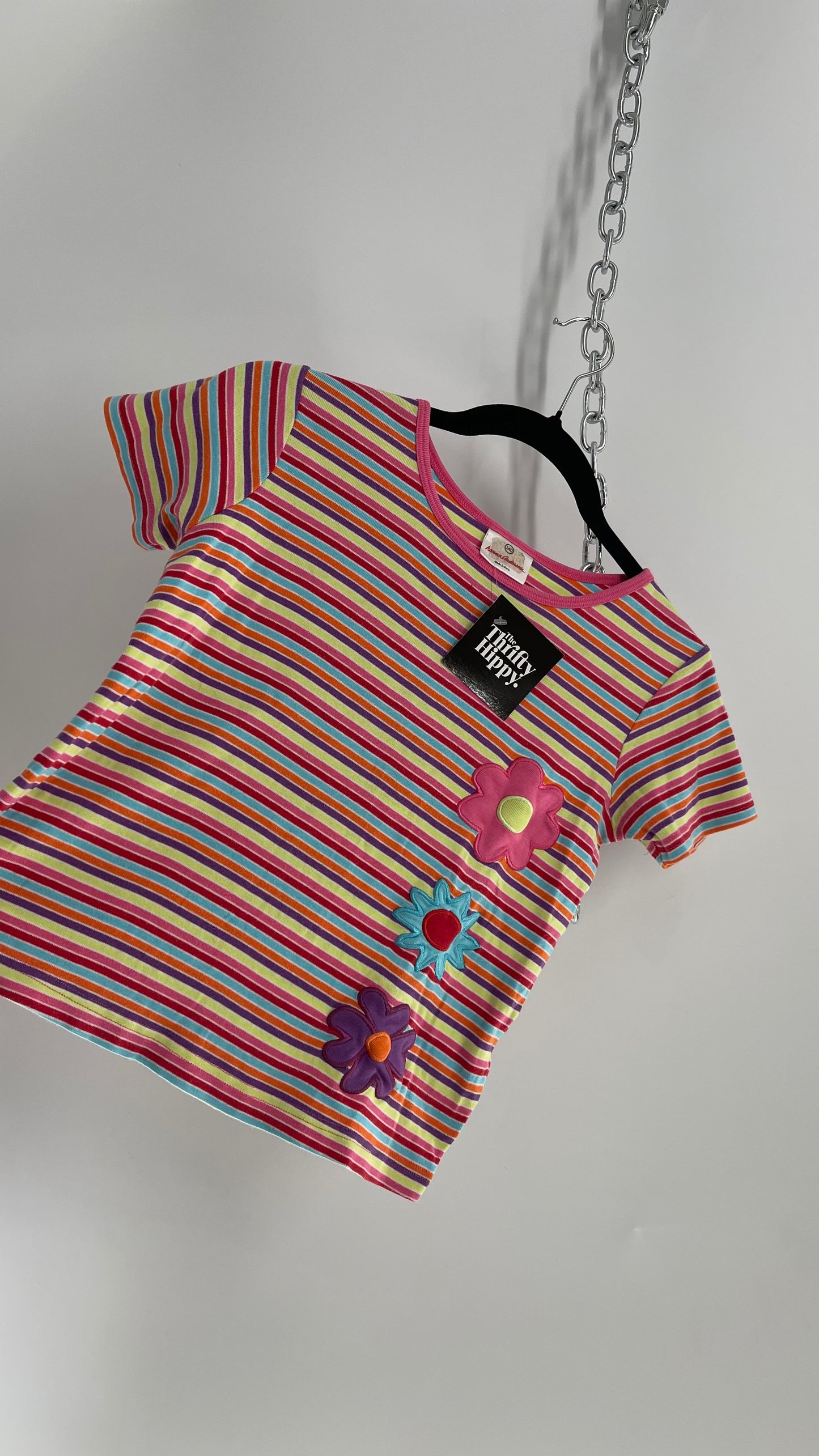 Hanna Anderson Striped Baby T with Patched Flowers (XS/S)