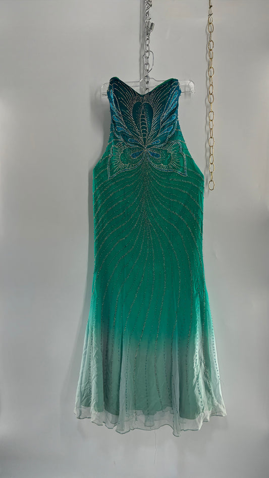 Vintage 1990s STUDIO17 100% Fully Beaded Silk Aquamarine Butterfly Dress (8)