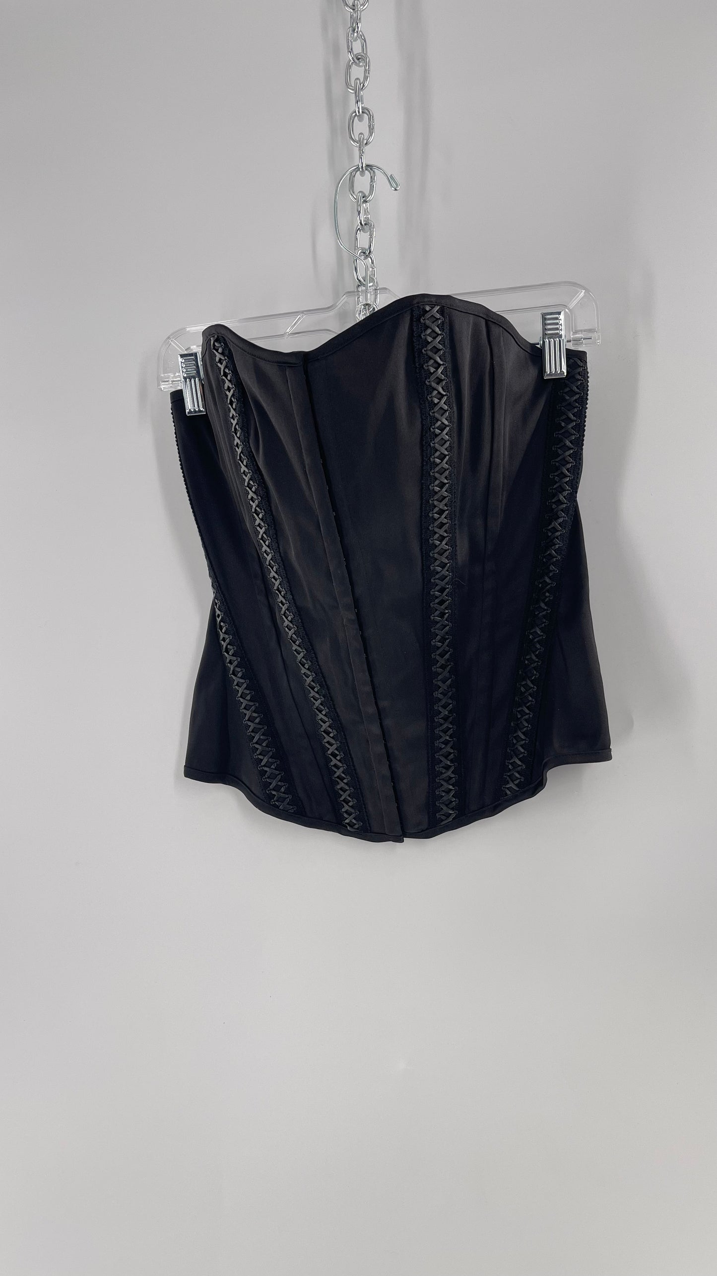 Vintage Charlotte Russe Black Boned Corset with Criss Cross Leather Details and Lace Up Back (Large)