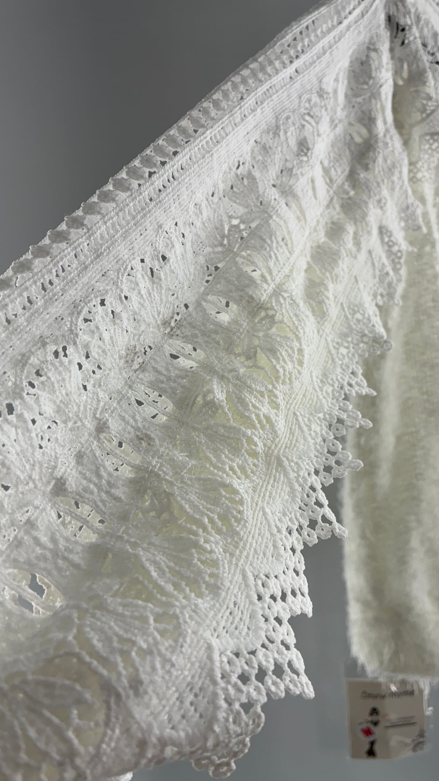 Deadstock White Shaggy Sweater with Thick Scalloped Lace Neckline + Arm Detail and Tags Attached (Medium)