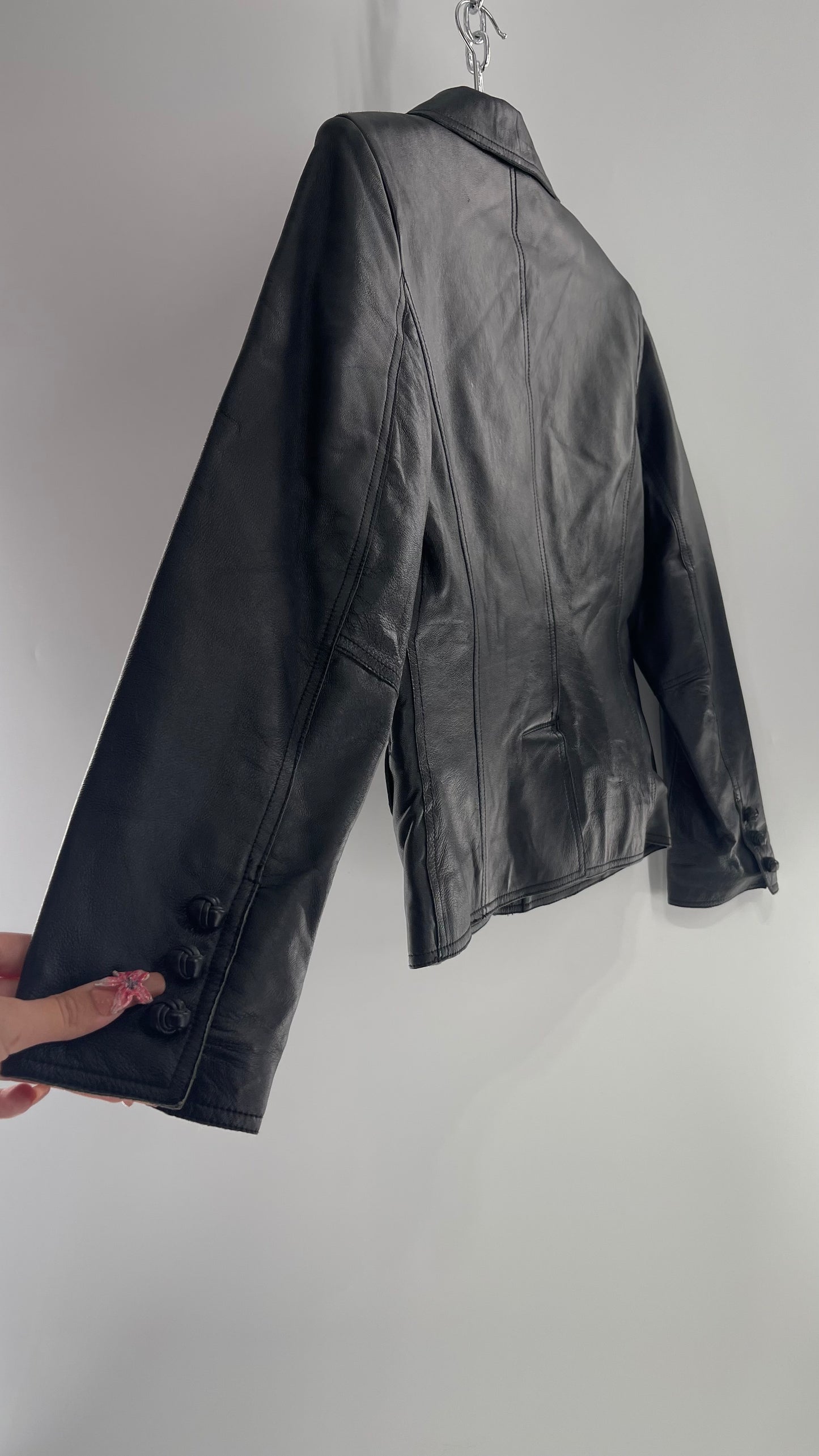 Vintage 1990s Pamela McCoy Black Leather Blazer Jacket (XS)