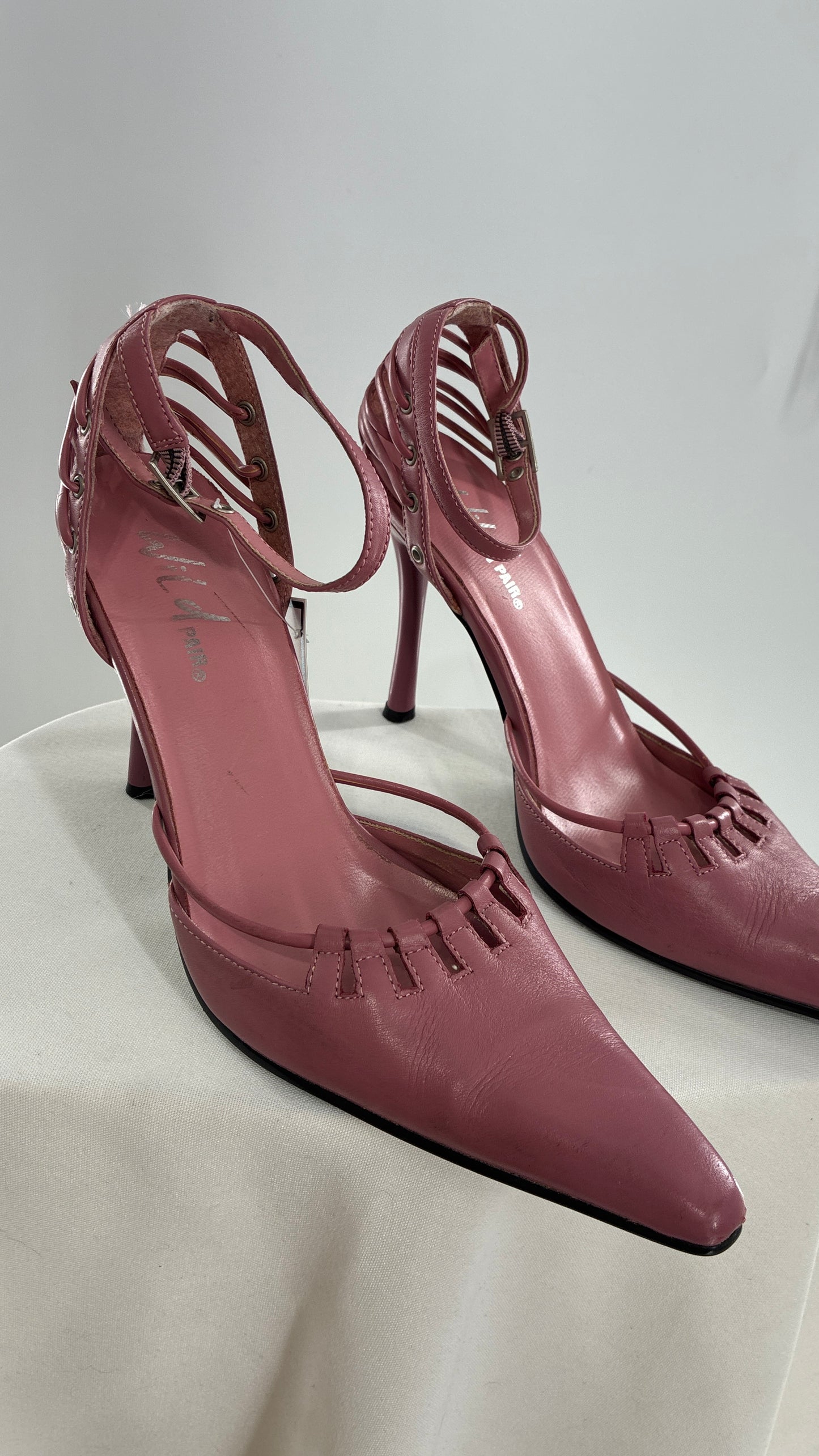 Vintage WILD PAIR Pink Pointed Toe Heels with Strappy Grommet Details (6.5)