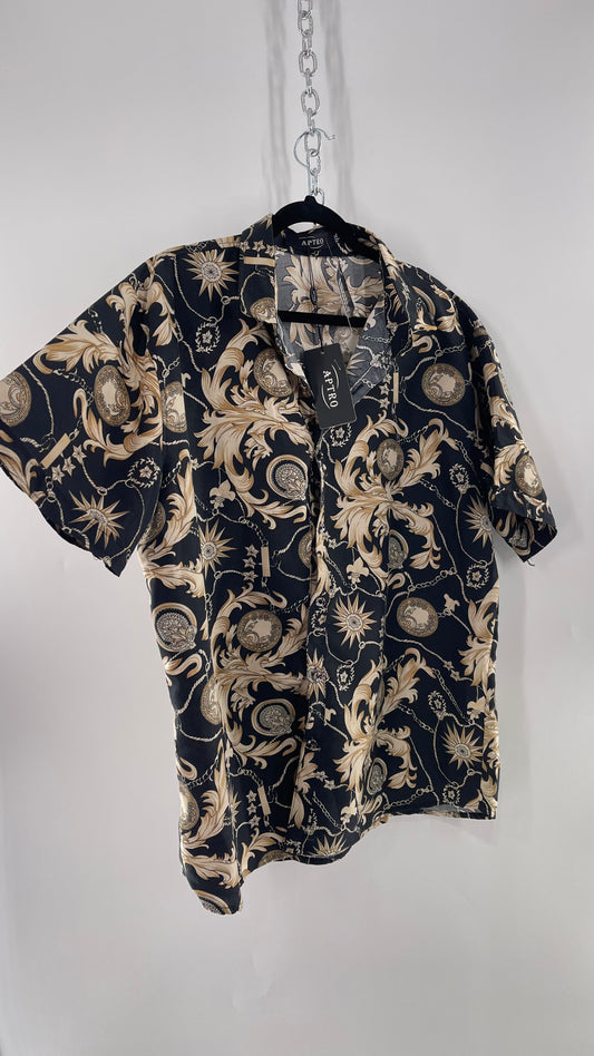 APTRO Black and Gold Brocade Short Sleeve Button Up with Tags (XXXL)