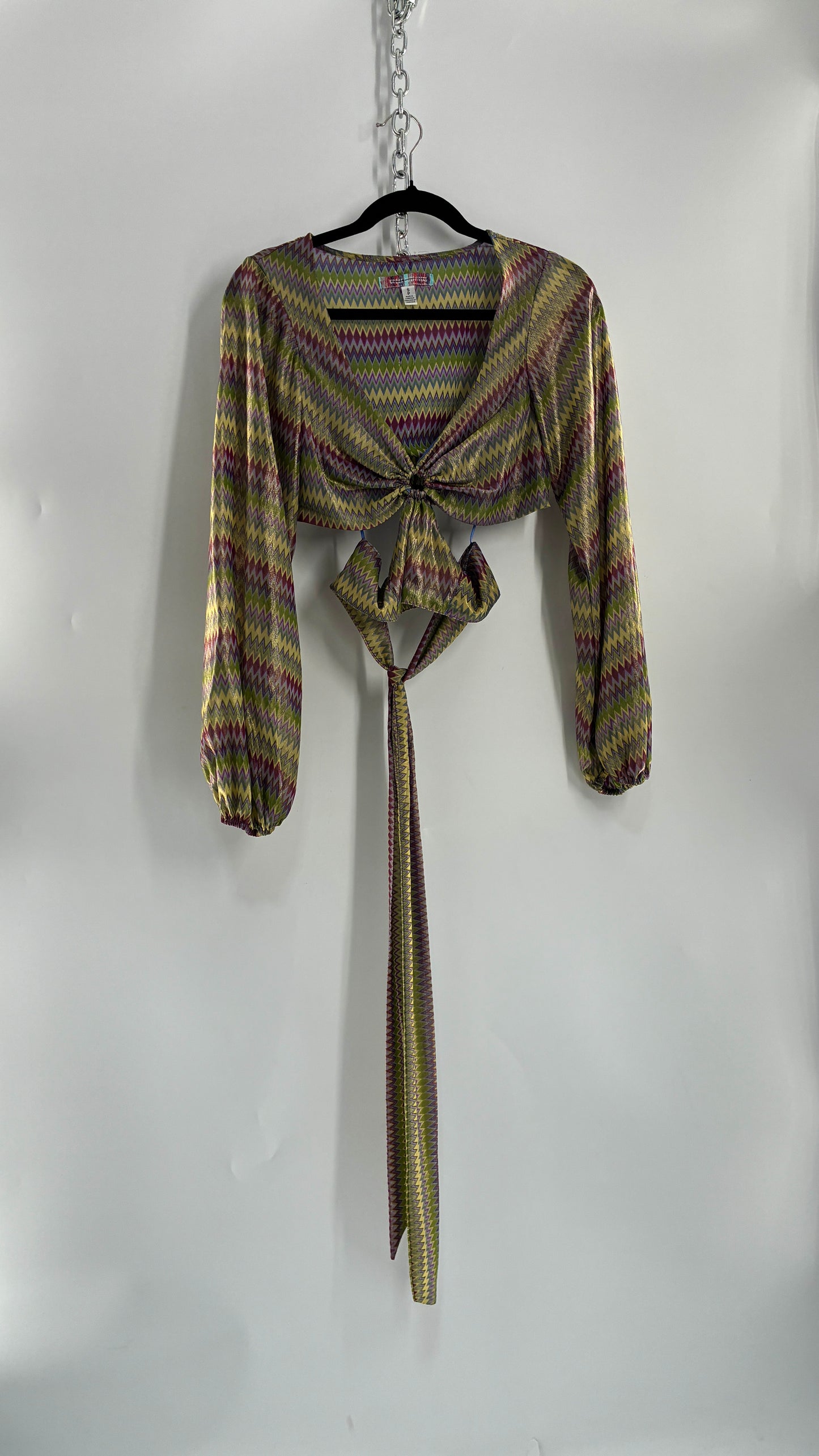 Urban Outfitters Green Open Side Tie Around, Balloon Sleeve Sparkle Top (Small)