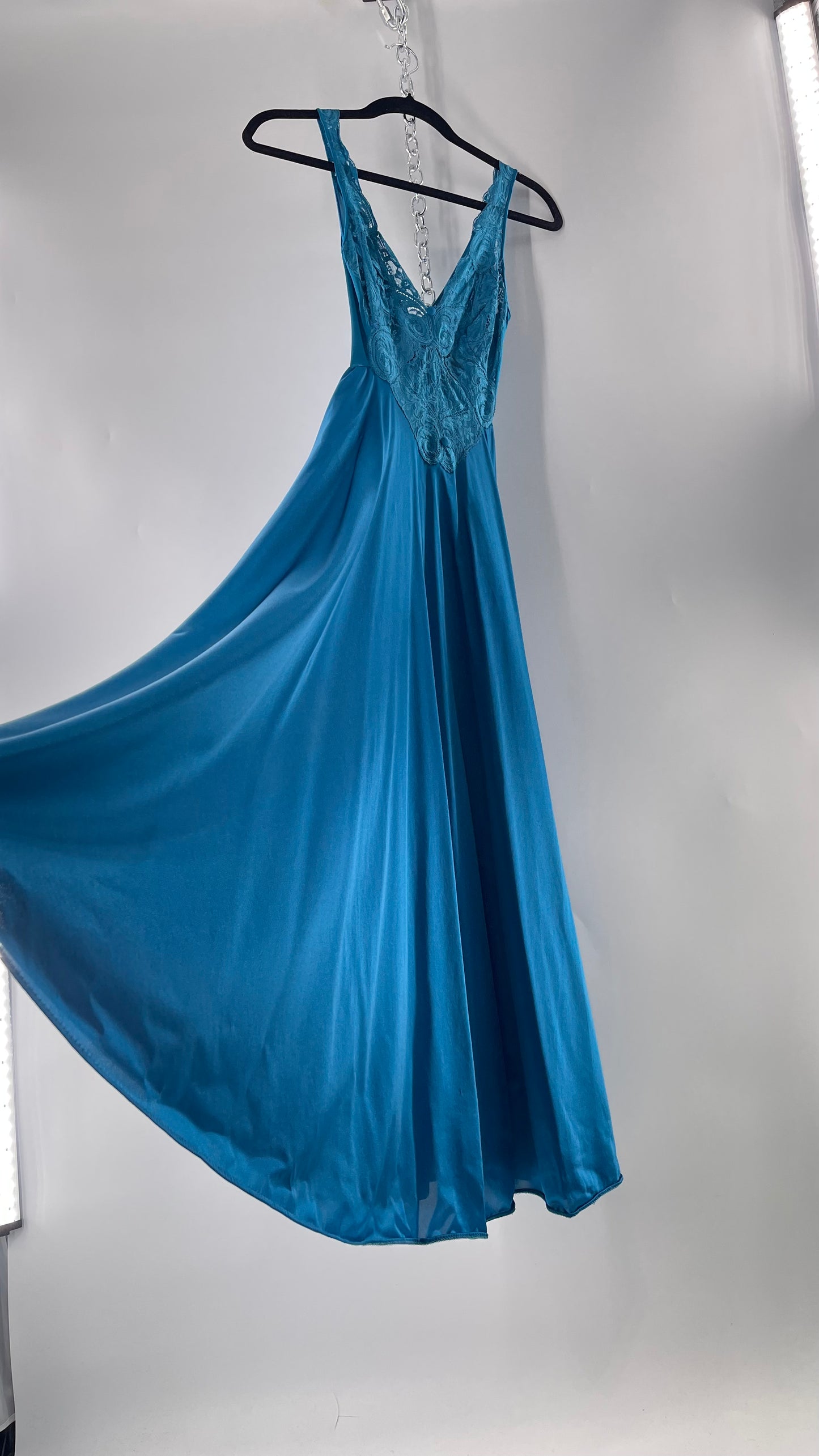 Vintage Olga Intimates Floor Length Voluminous Blue Jewel Toned Maxi Dress/Night Gown with Lace Bust (Small)