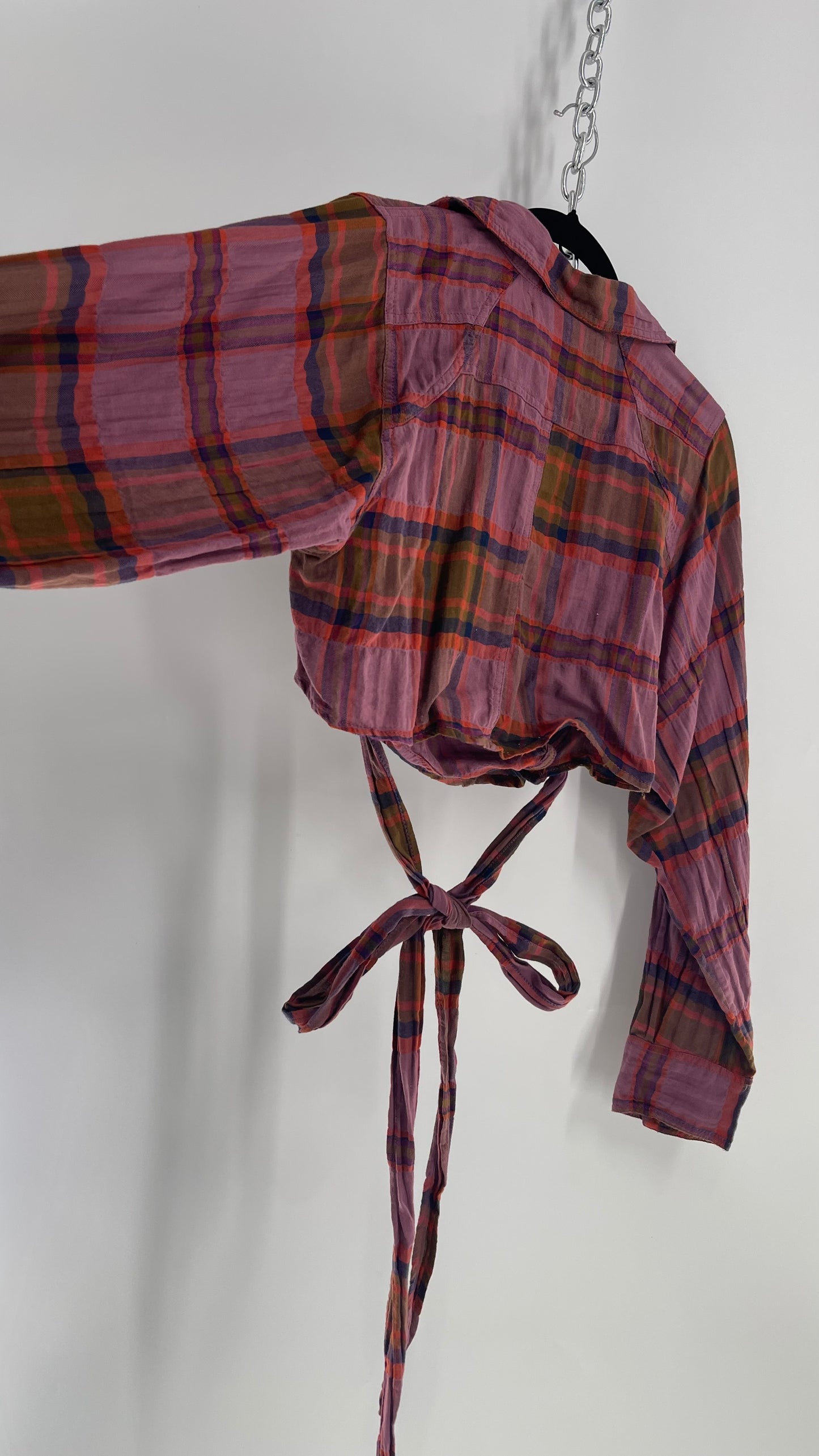 Free People Plaid Wrap Around Pocketed Blouse (Large)