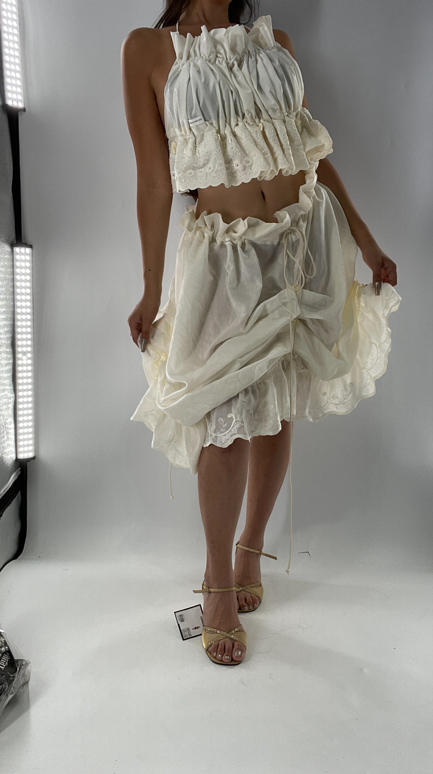 Custom Vintage Cottage Off White Set with Ruched/Scalloped Lace/Backless Top and Draping/Ribbon Skirt (One Size)