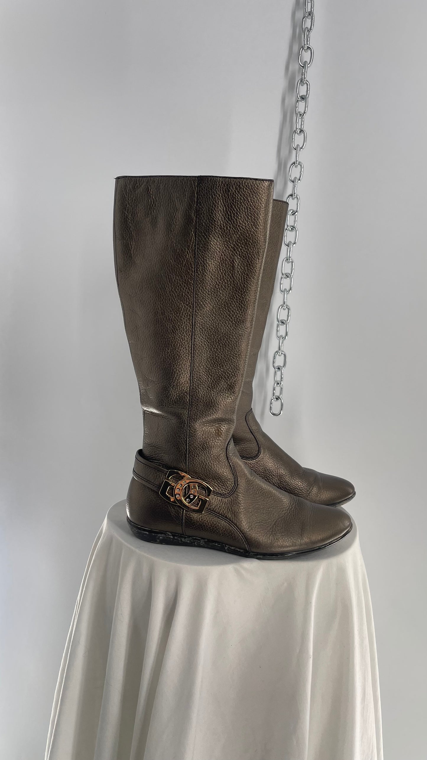 Vintage GUESS Metallic Bronze/Pewter Silver Leather Boots with Logo Buckle (36)