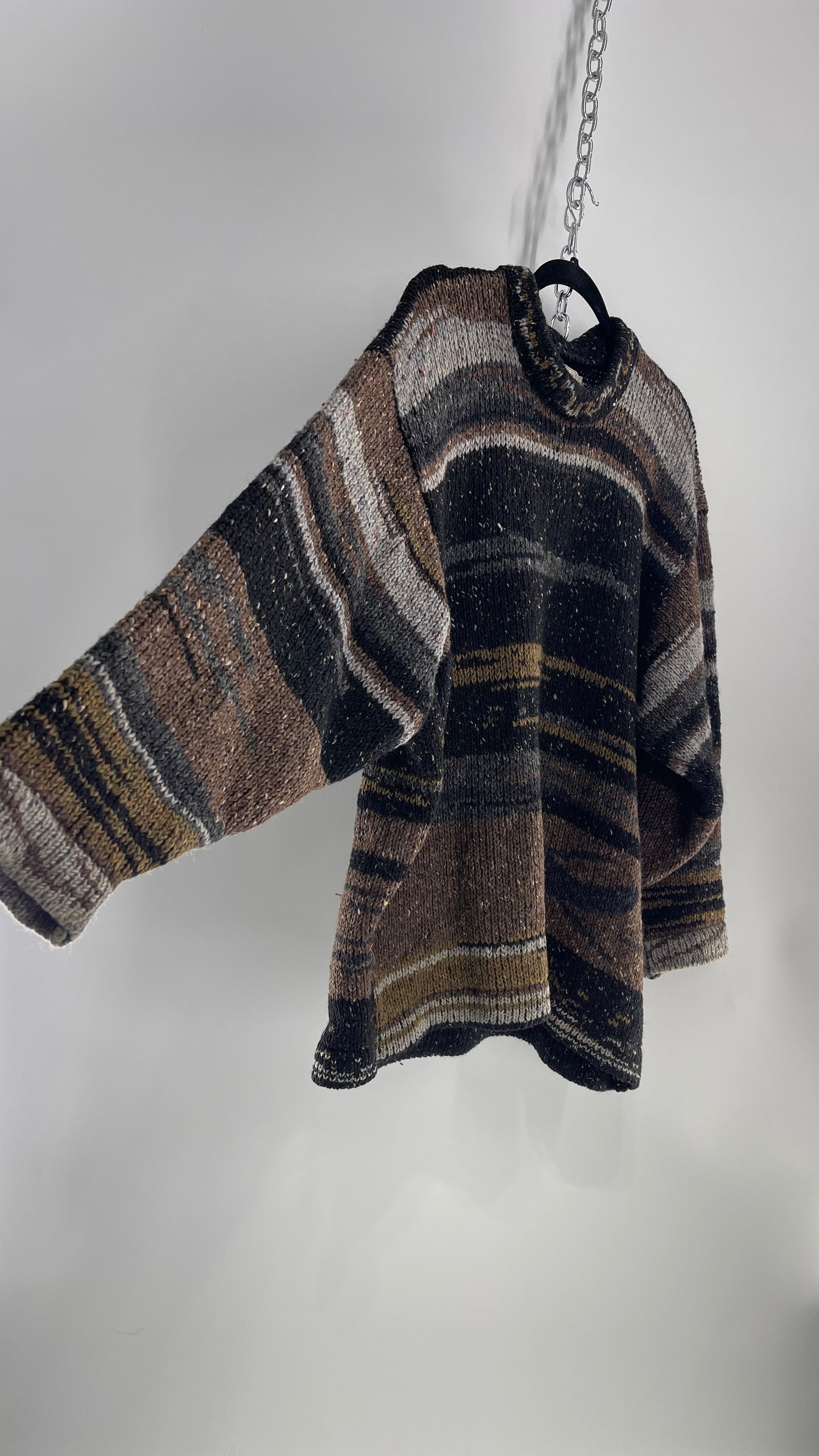 Siochain Knitted in Co Wicklow Ireland Brown Gray Black Brown Stripes Thick Sweater (Large)